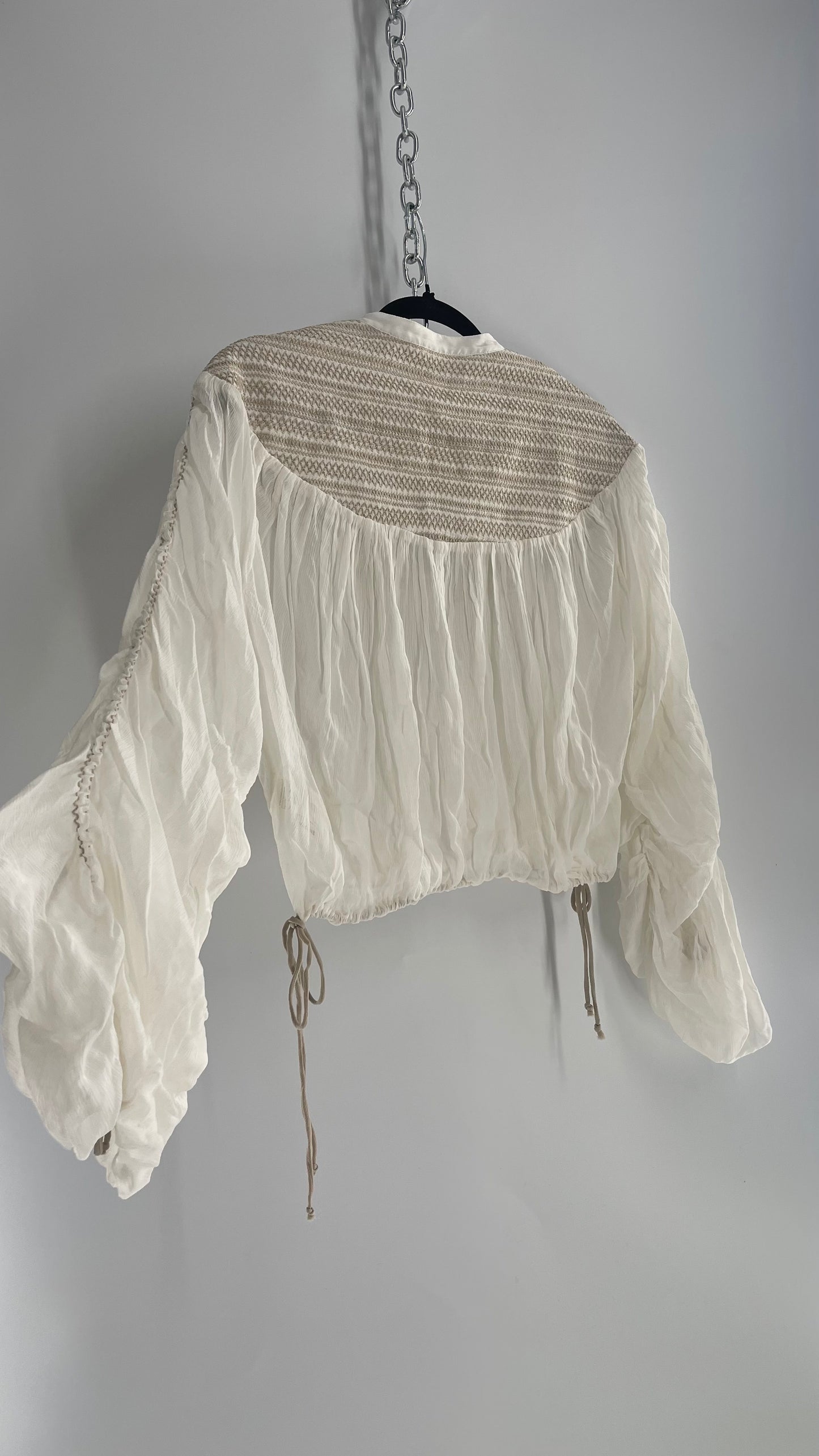 Free People Off White Draped Sleeve Button Front Embroidered Neckline Blouse with Tags Attached (Small)