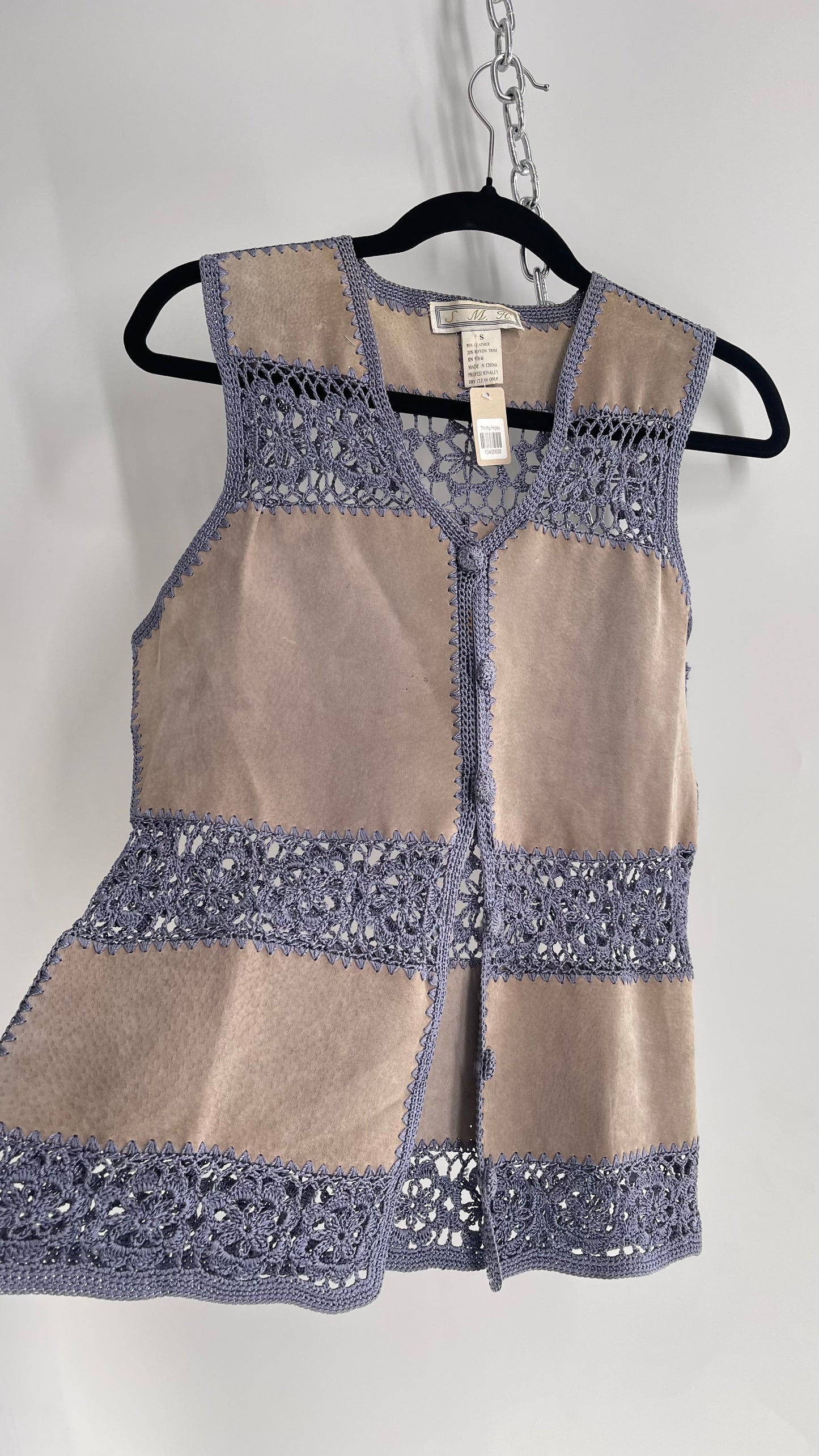 Vintage Grey Suede Leather and Blue Crochet Vest Top (Small)
