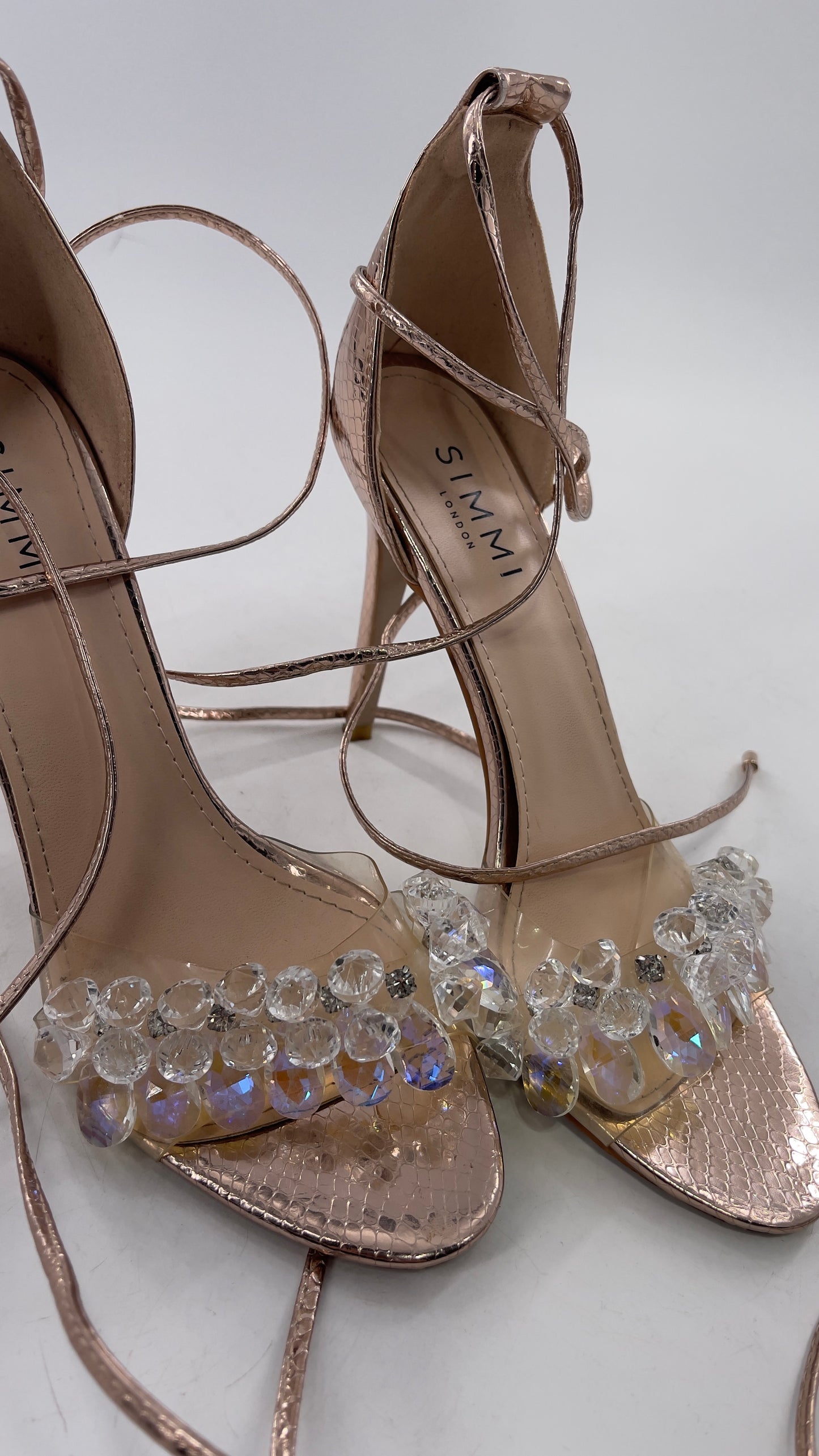 SIMMI LONDON Rose Gold Textured Heels with Clear Toe Strap Covered in Rhinestones/ Crystal Pendants and Tie Up Ankle Straps (7)