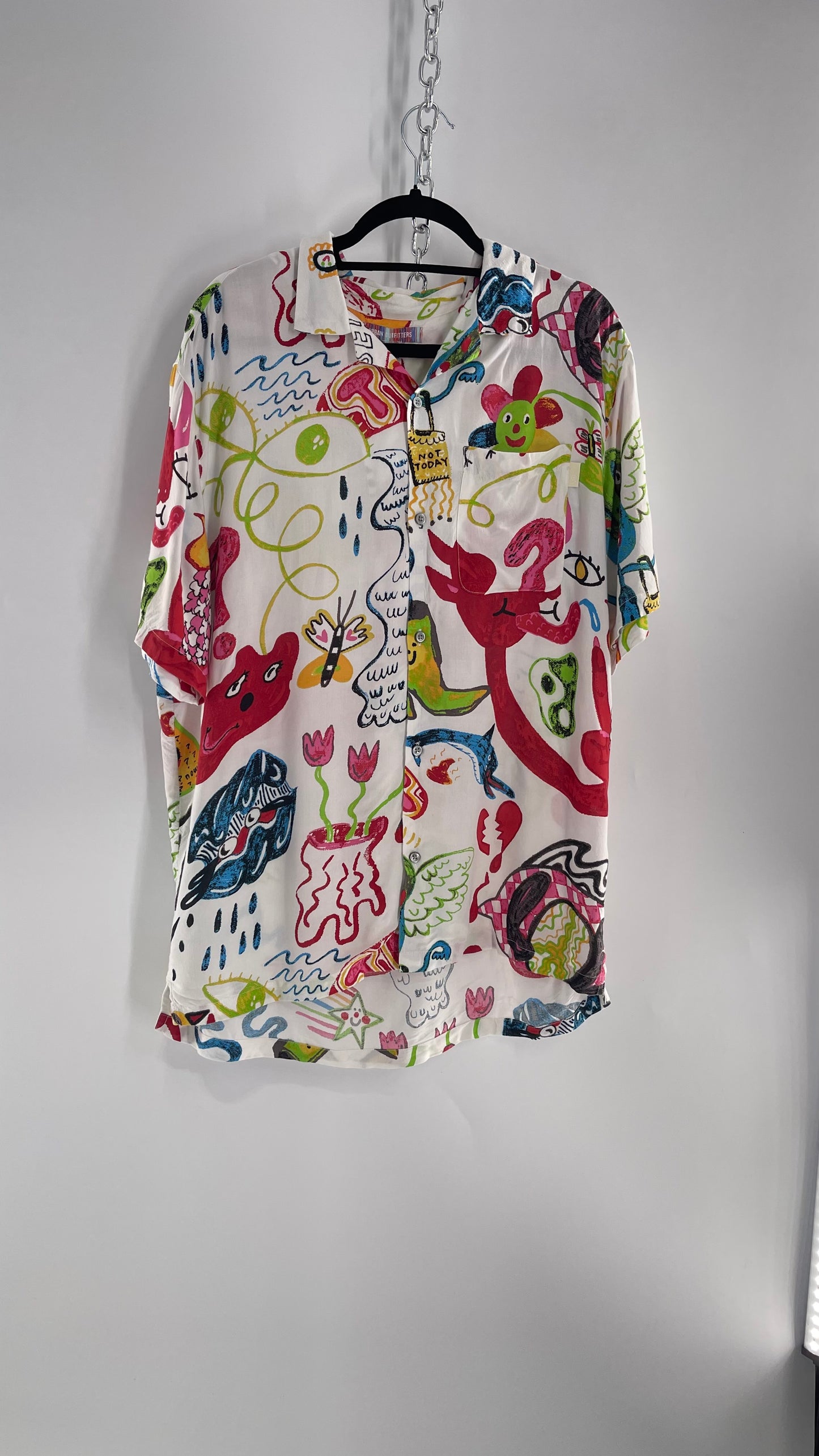 Urban Outfitters Happy Days Colorful Doodle Button Up (Large)