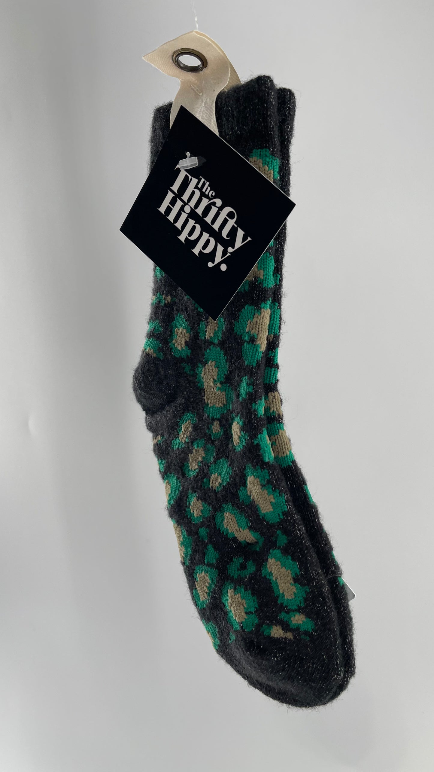 Free People Dark Grey Socks with Green Leopard Pattern