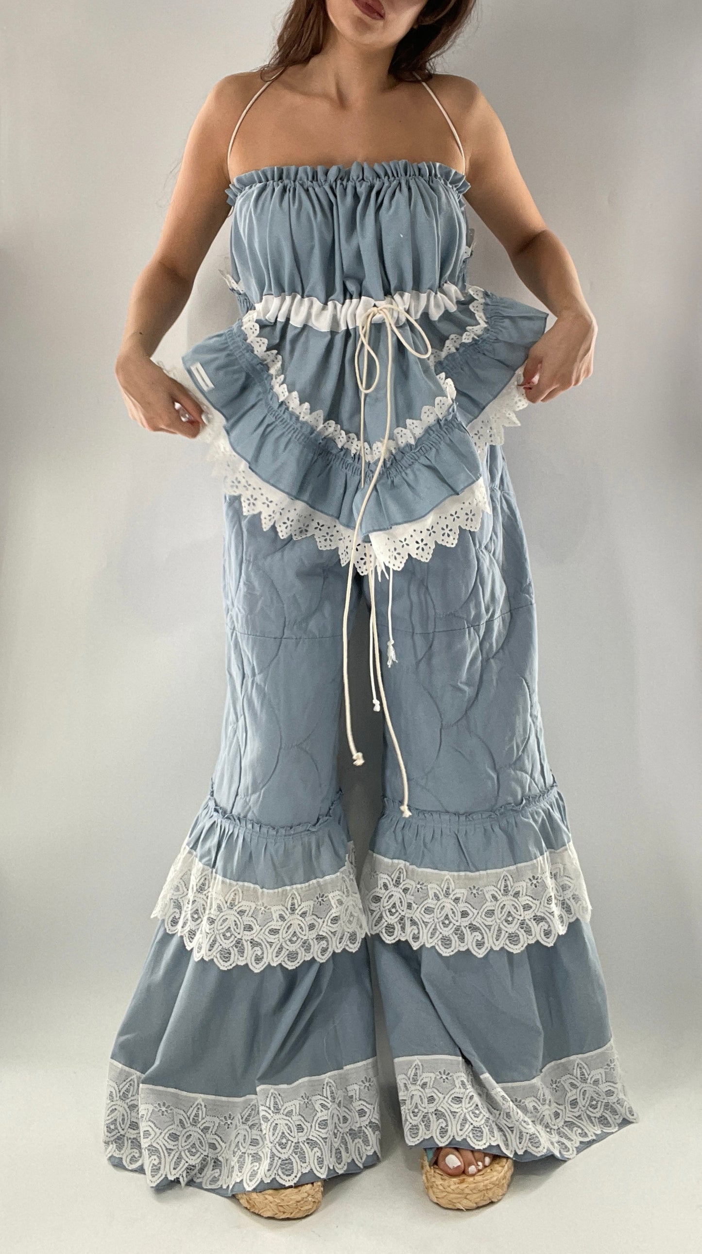 Vintage 2 Piece Powder Blue Set Featuring 2Way Blouse and Quilted Trousers Covered in Ruffles, Lace and Trim (One Size)