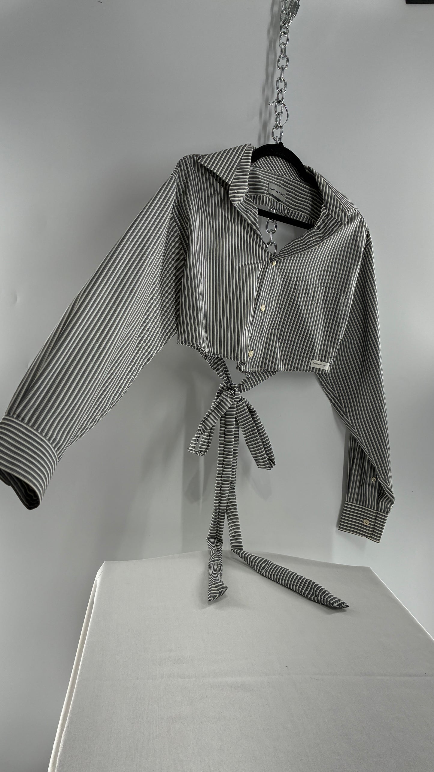 Vintage DAVID TAYLOR Reworked Button Front Backless Grey Striped Blouse (One Size)