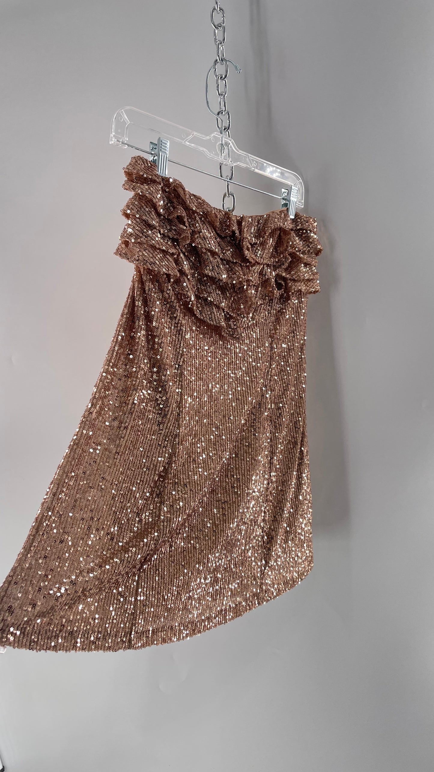 Free People Rose Gold Sequin Mini Dress with Ruffled Bust and Statement Back Zipper (4)