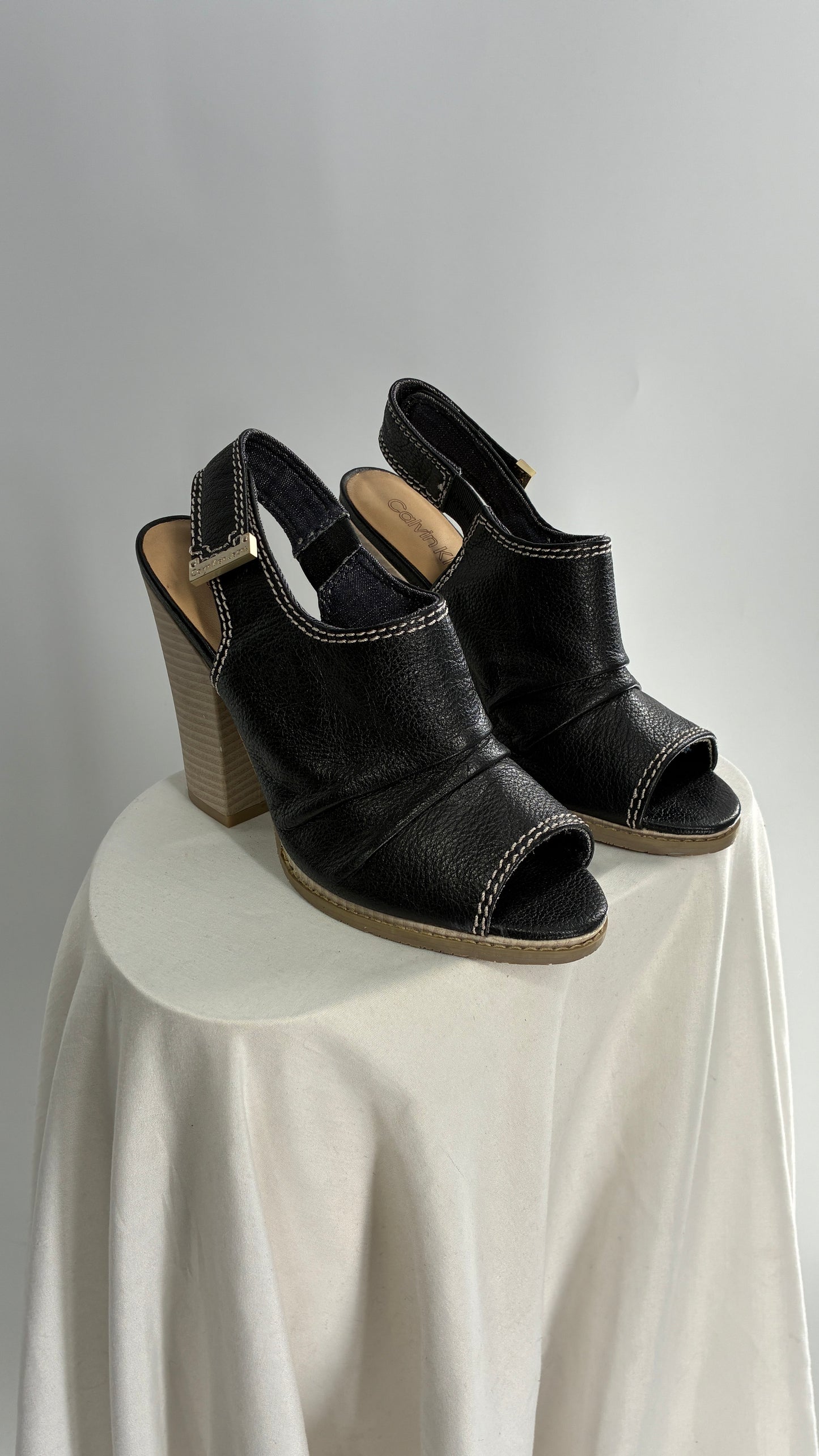 Calvin Klein Peep Toe, Ruched Black Leather Block Heel Slingbacks (7.5)