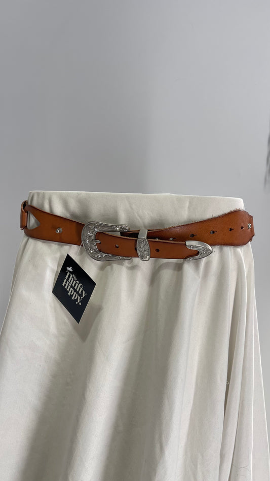 Free People Leather Link Belt with Western Buckle and Silver Studs (S/M)