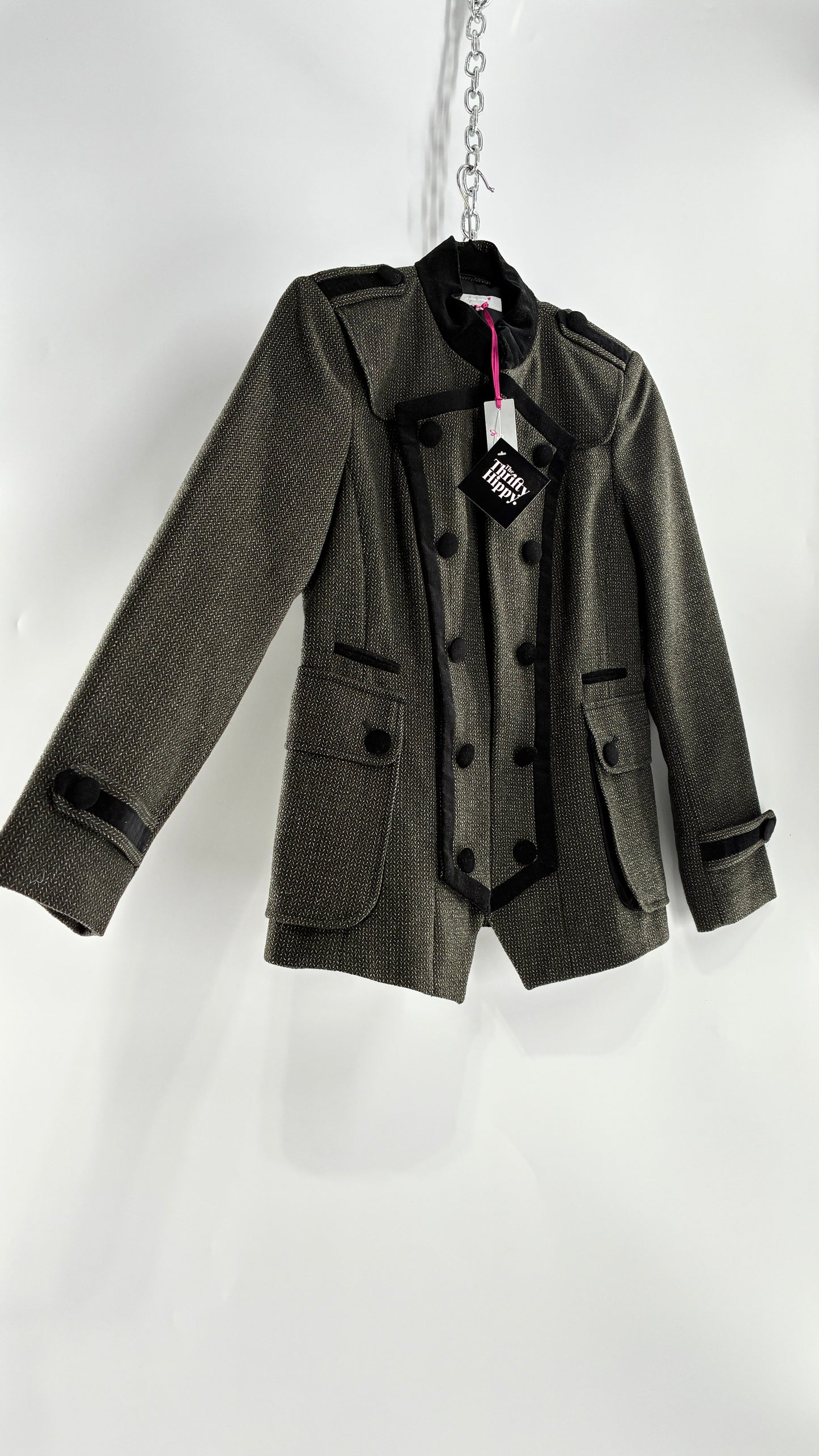 Deadstock Vintage PER UNA 41% Wool Grey Drummer Military Jacket with Black Velvet Piping and Tags Attached (12)