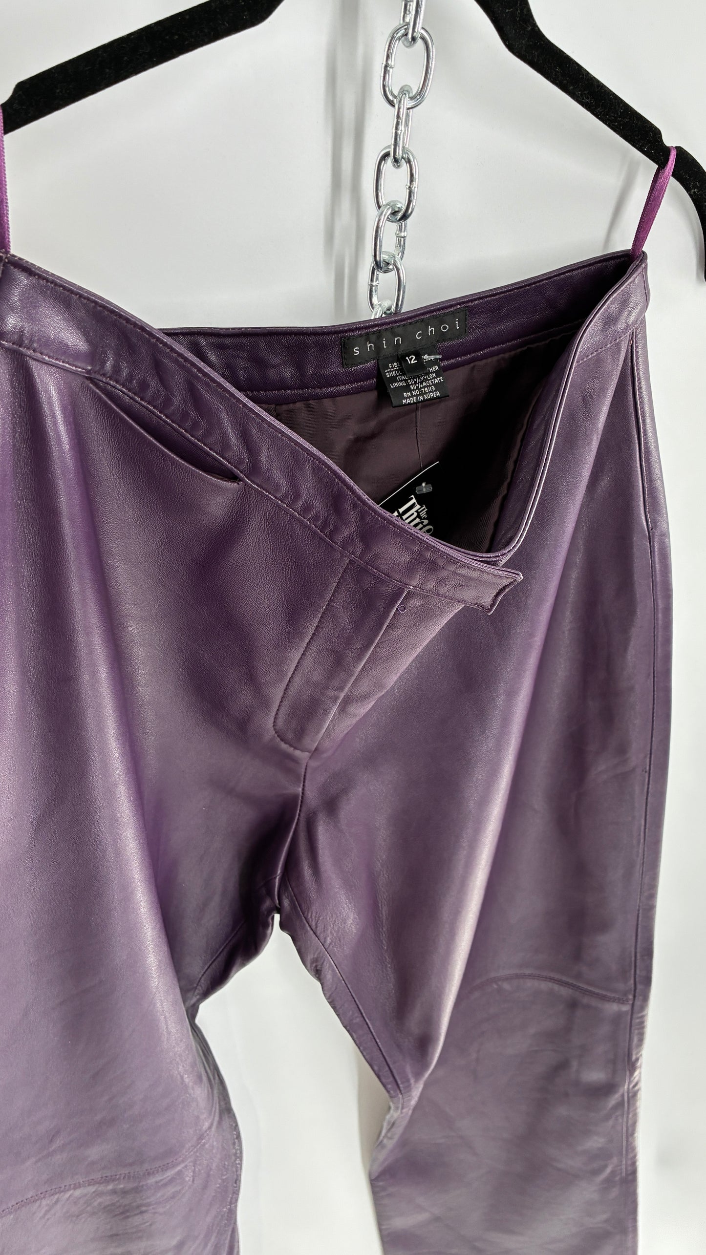 Vintage SHIN CHOI Genuine Italian Leather Purple Side Closure Low Rise Pants (12)