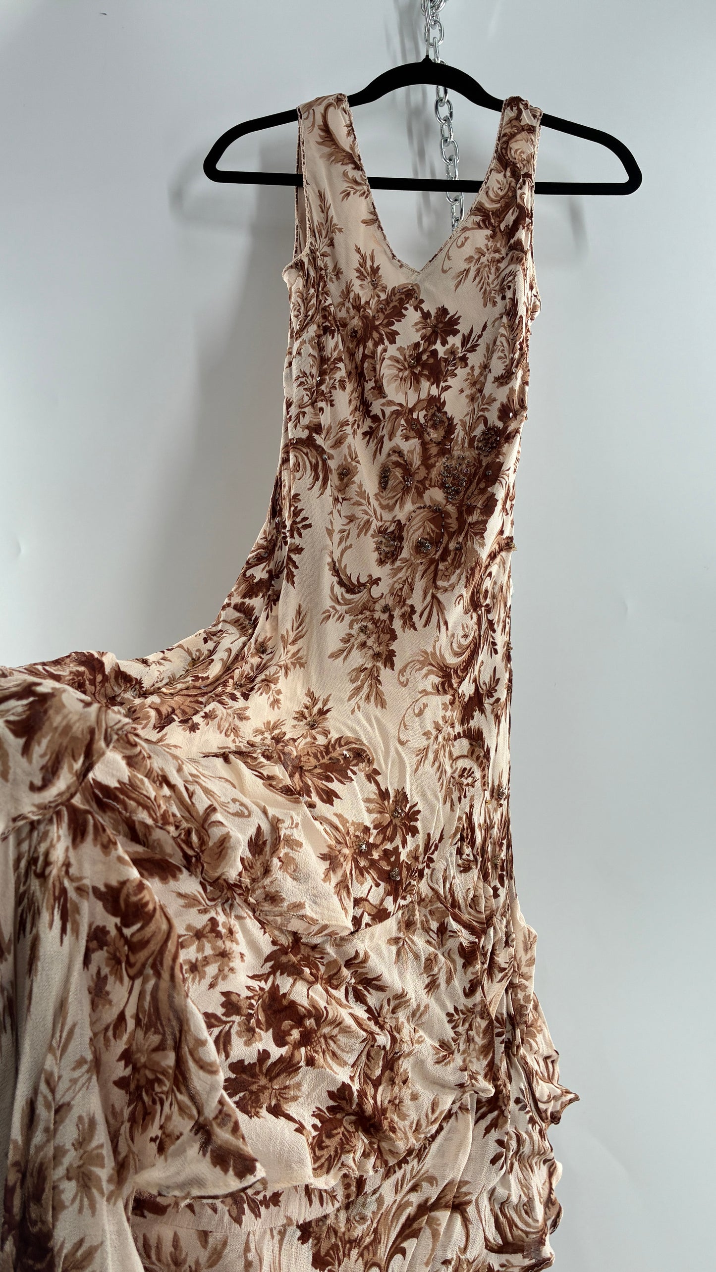 Vintage MAJICK 1990s Brown Floral, Asymmetric Ruffled Hem Gown with Embroidered Sequin Details (Medium)