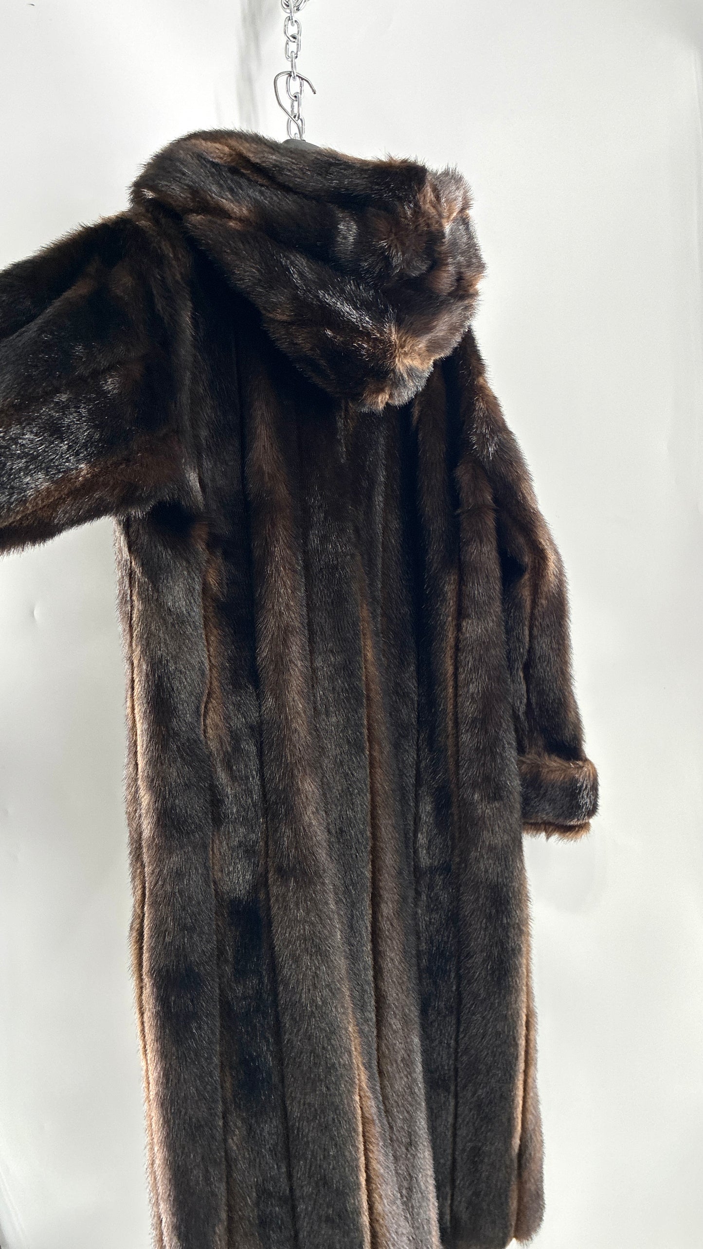 Vintage TALLY HO Hooded and Paneled, Vegan Fur Full Length Coat (Medium)