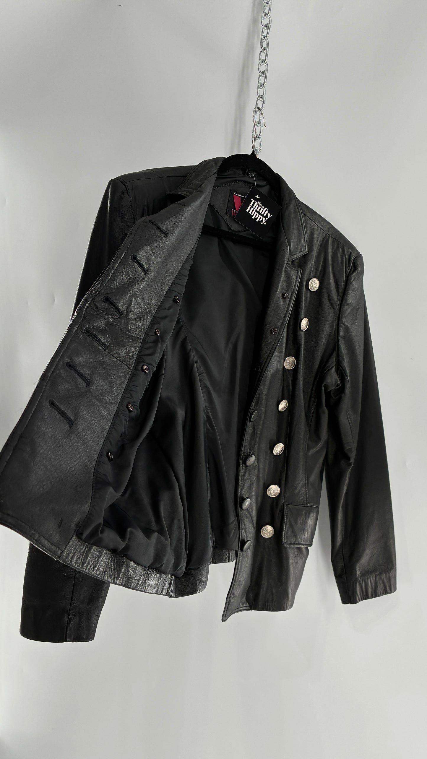 Vintage Virginia Slims Black Genuine Leather Military Jacket with Double Breasted Embossed Buttons (Large)