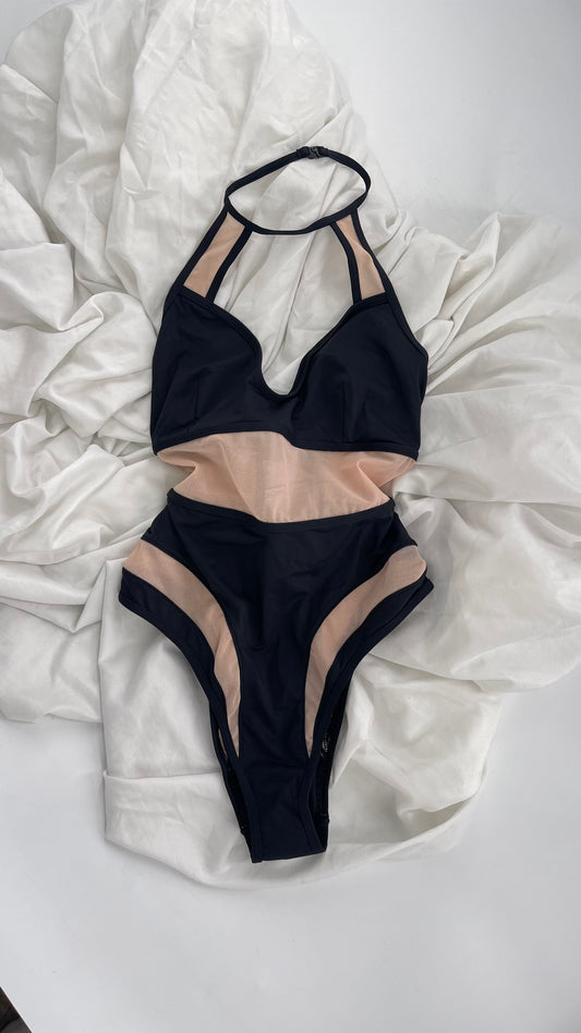 EVILTWIN Black Swimsuit with Mesh Cut Outs and Choker Neckline (Medium)