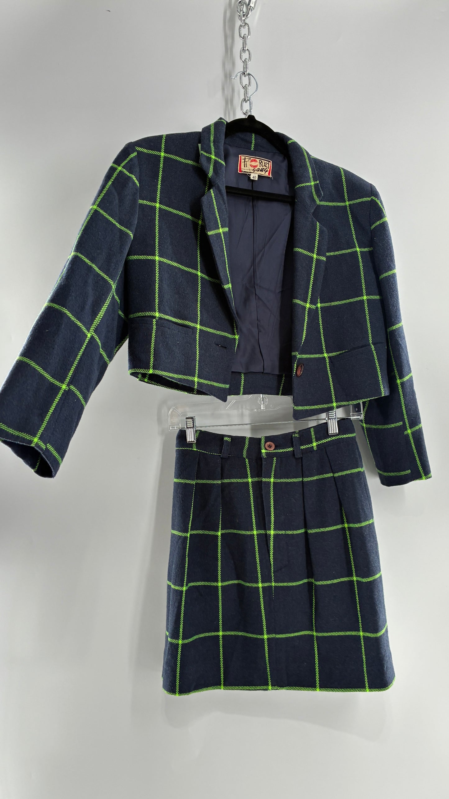 Vintage FIORUCCI GANG Navy and Neon Green Plaid Suit Set with Cropped Blazer and Mini Skirt (40,42)