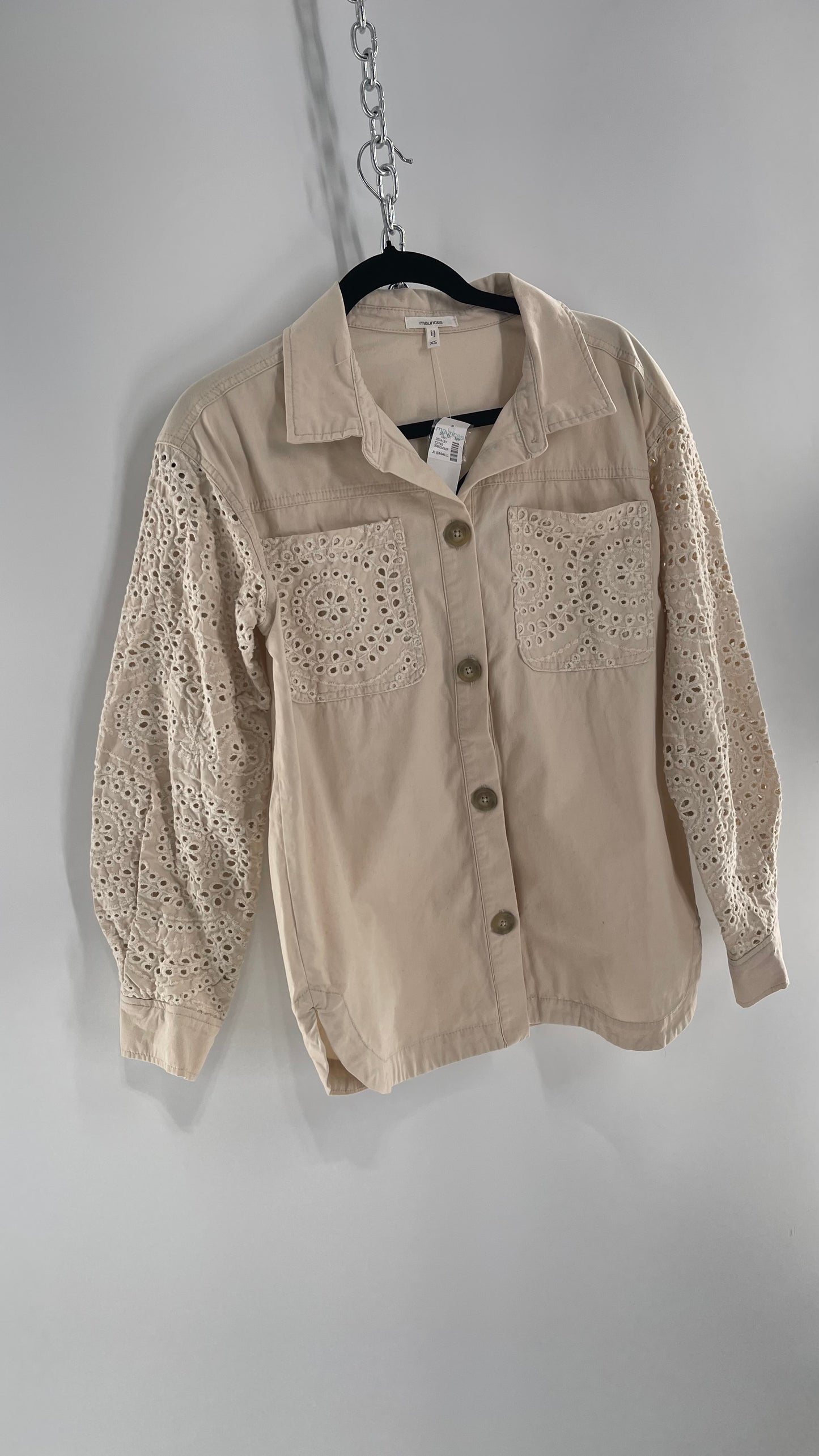 Maurices Anthropologie Beige Cotton Button Up with Eyelet Lace Sleeves and Pockets with Tags Attached (XS)