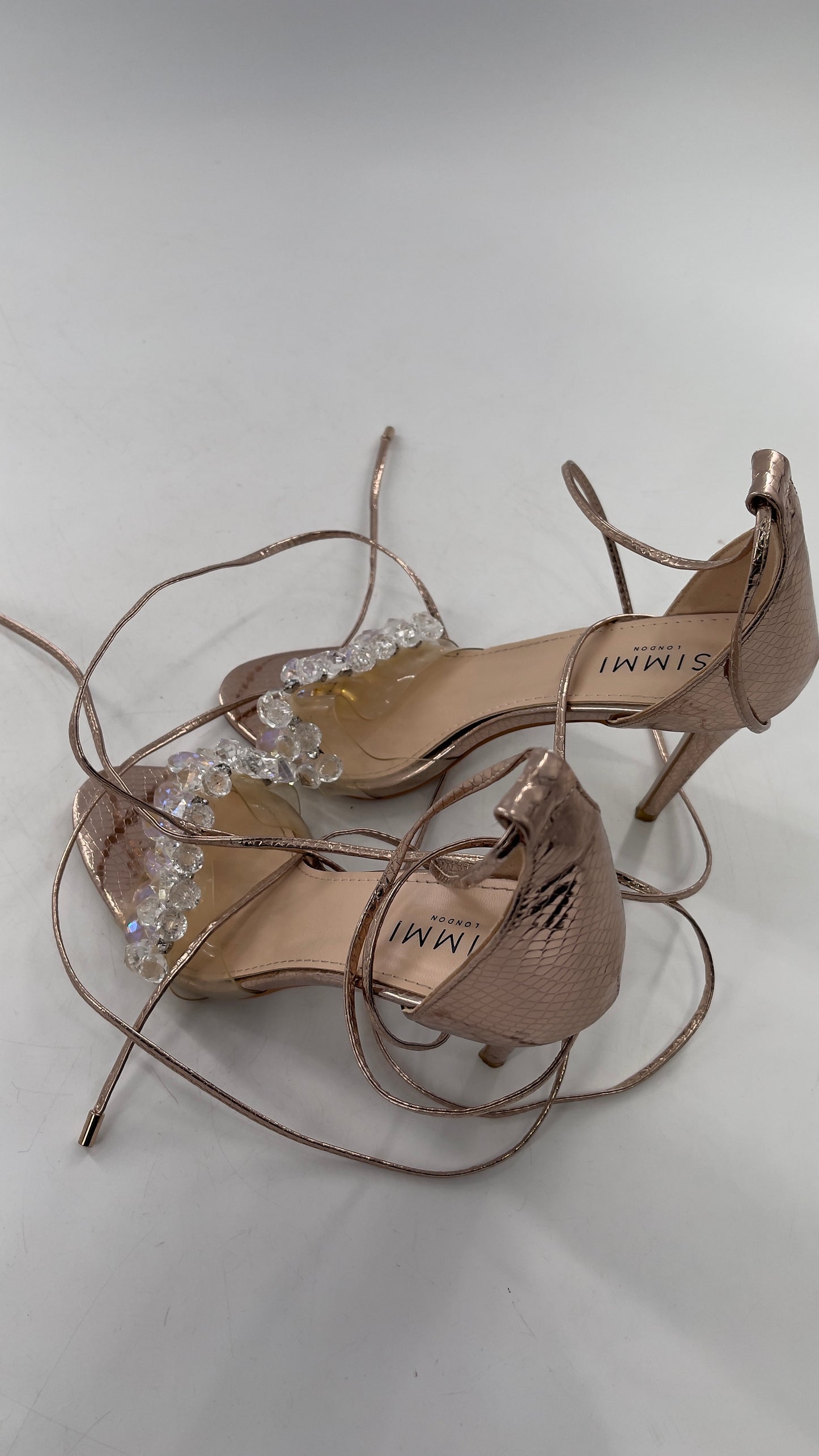 SIMMI LONDON Rose Gold Textured Heels with Clear Toe Strap Covered in Rhinestones/ Crystal Pendants and Tie Up Ankle Straps (7)