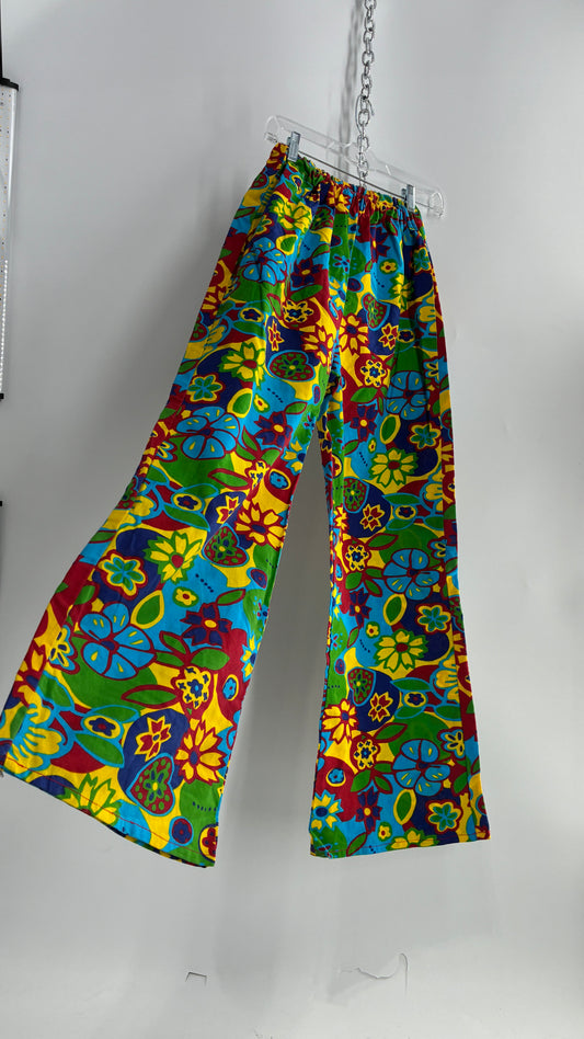 Vintage 1970s Style Flower Power Kick Flare Hippy Wide Legs (S/M)