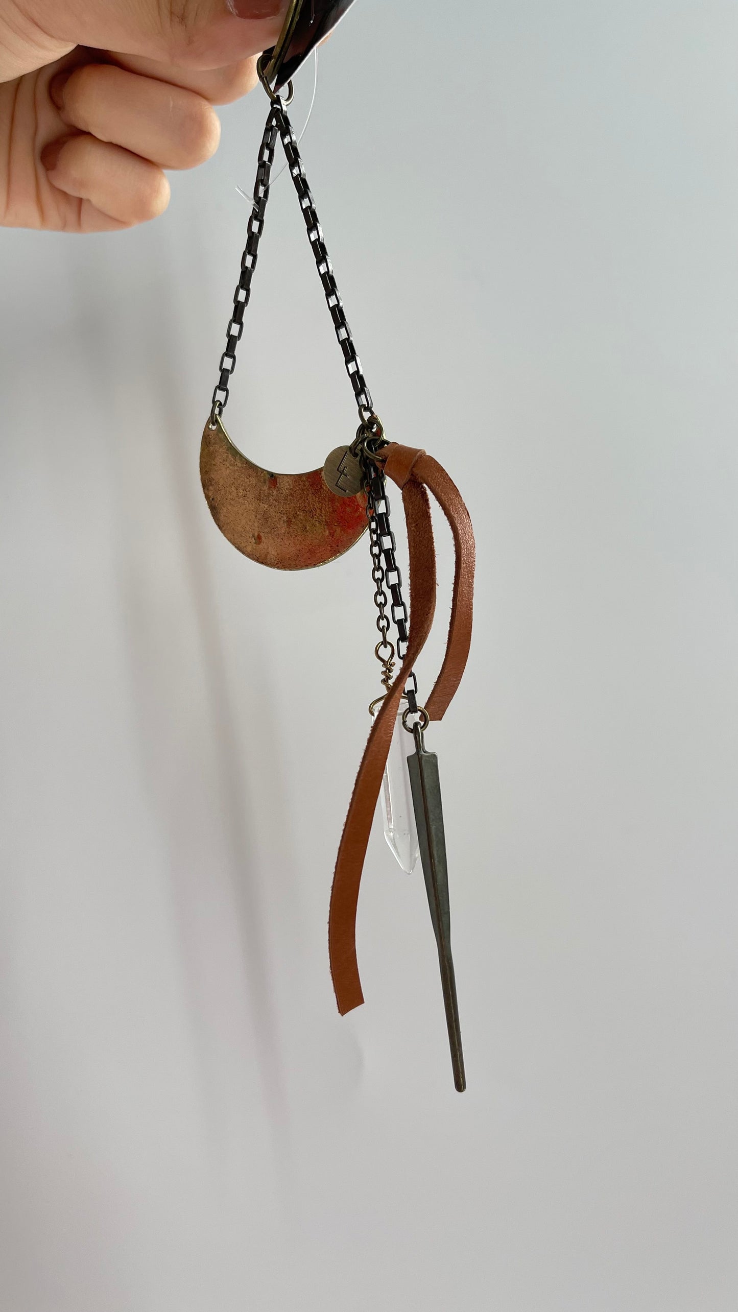 Free People Keychain with Bronze Half Moon, Crystal, and Vegan Leather Detail