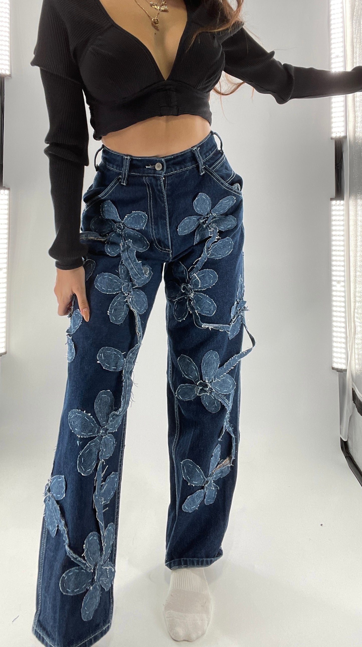 Handmade CUSTOM Dual Denim Tone Floral Vine Cargo Denims (S)