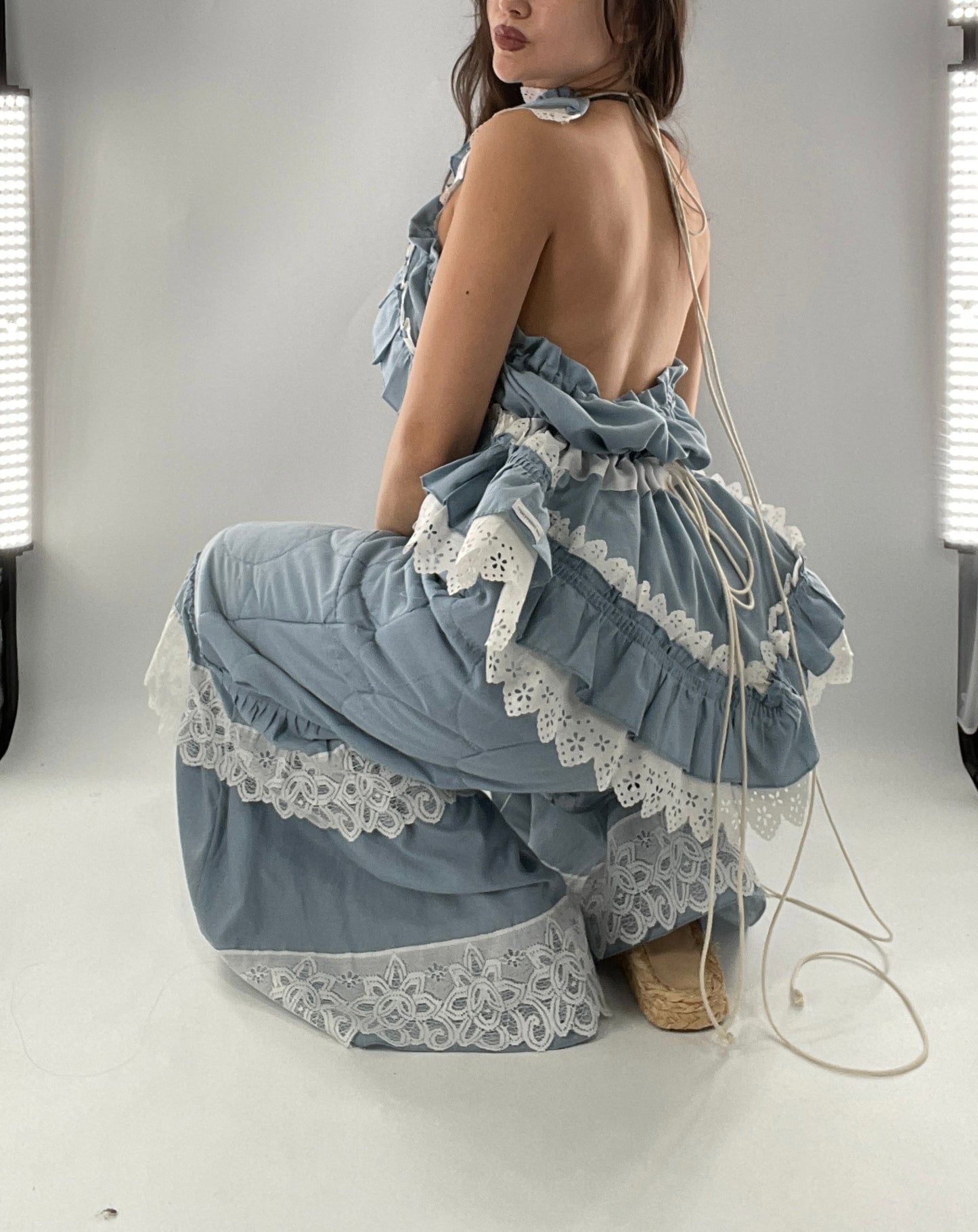 Vintage 2 Piece Powder Blue Set Featuring 2Way Blouse and Quilted Trousers Covered in Ruffles, Lace and Trim (One Size)