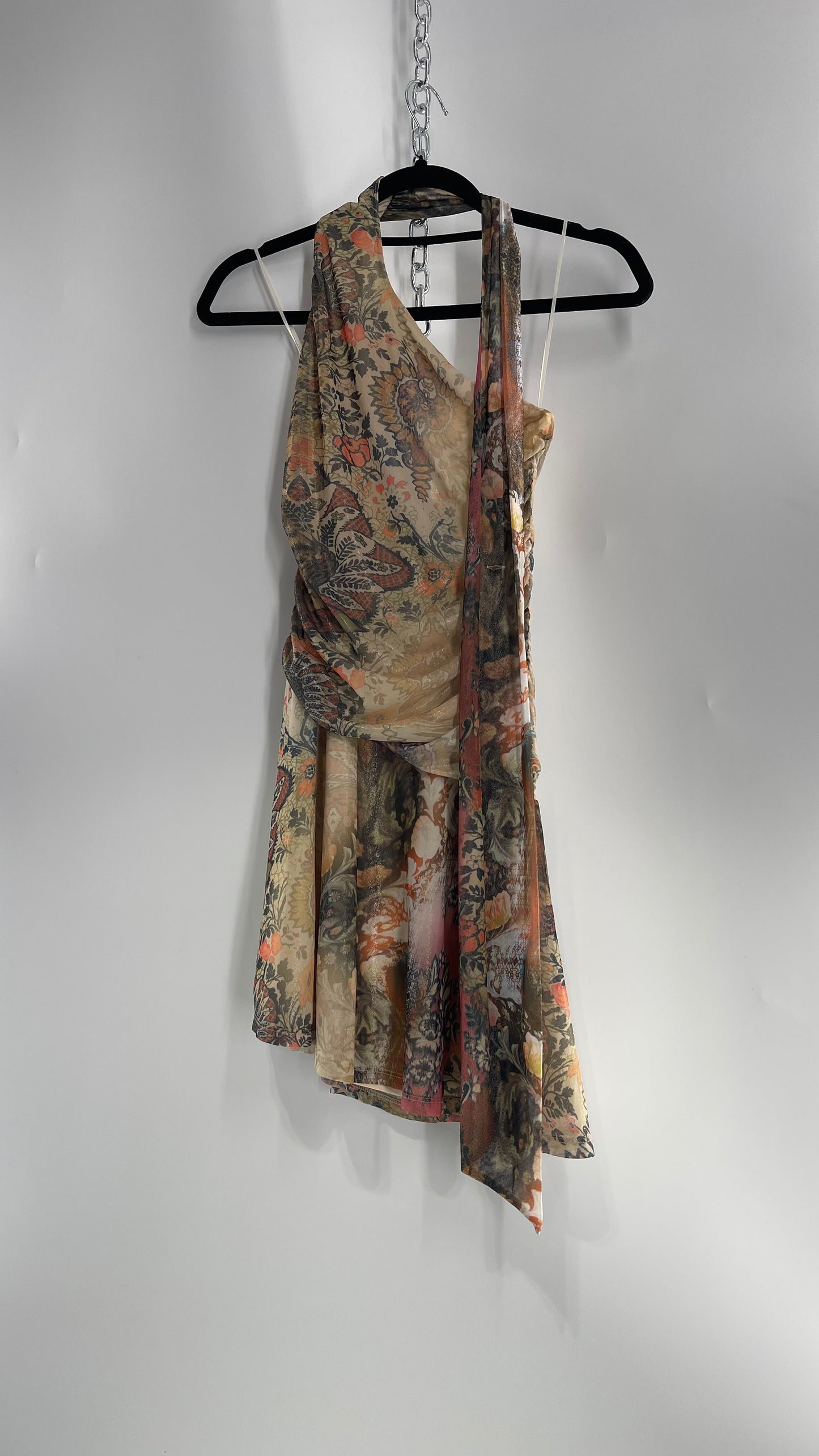 Urban Outfitters All Over 90s Tattoo Graphic Neck Tie Mini Dress with Asymmetric Hem (Medium)