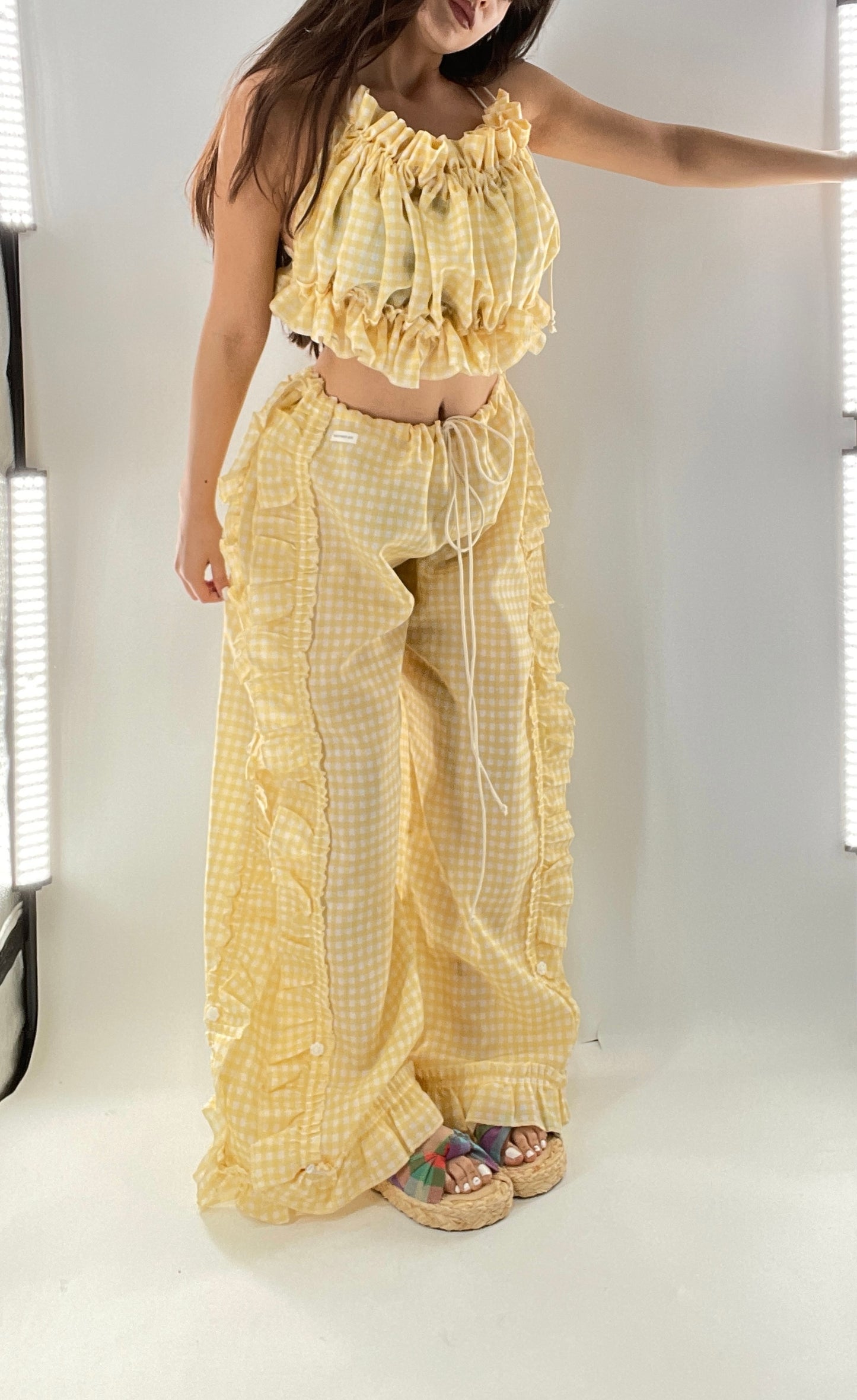 Vintage 2 Piece Yellow Checkered/Gingham Patterned Picnic Set with Ruched Bust Top and Ruffle Side Wide Legs with Adjustable Length, Strap Up Buttons on Hem (One Size)