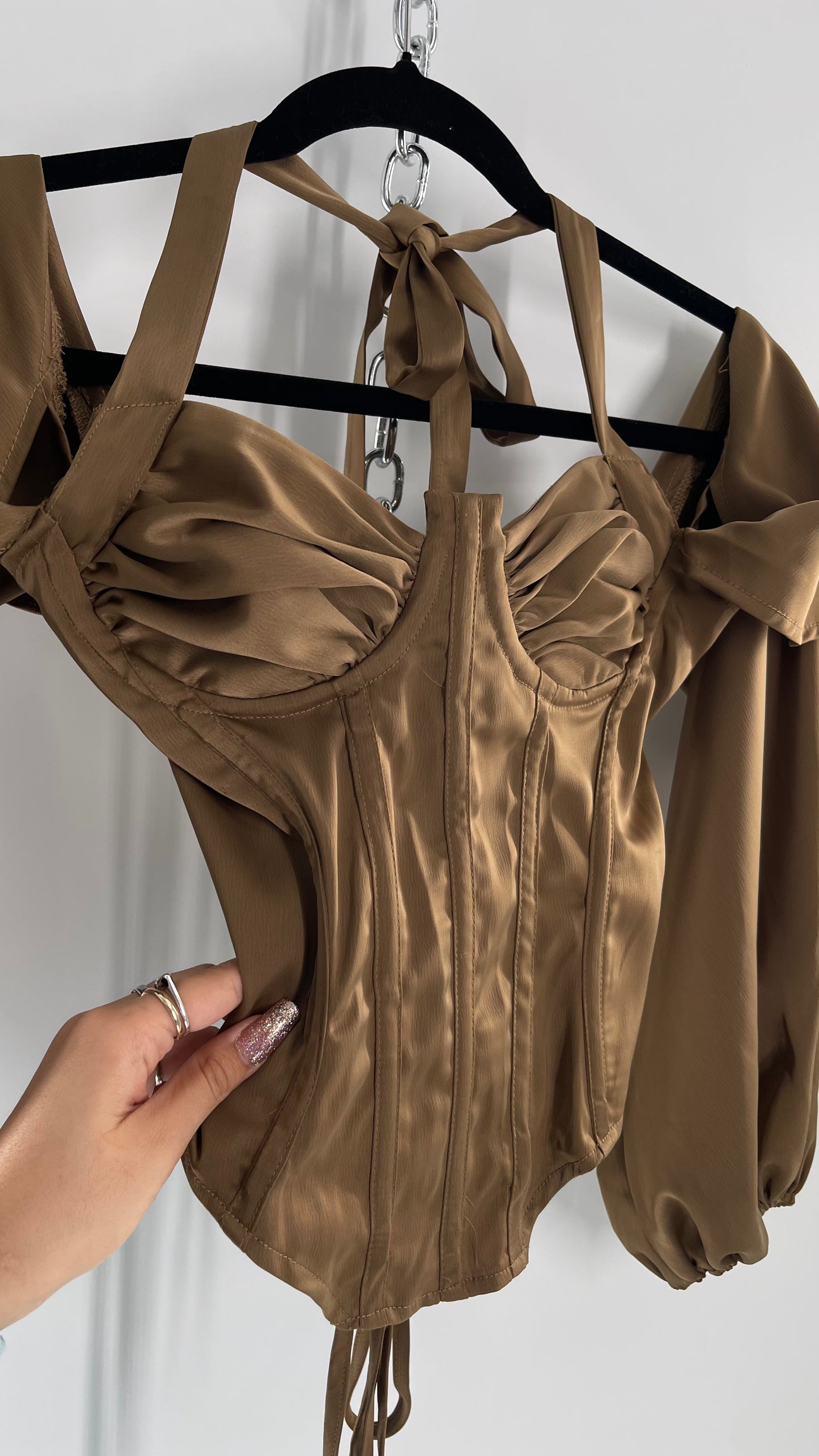 Pretty Little Thing Tan/Gold Corset Blouse with Draped Shoulders, Balloon Sleeves, Halter Strap and Lace Up Back (4)