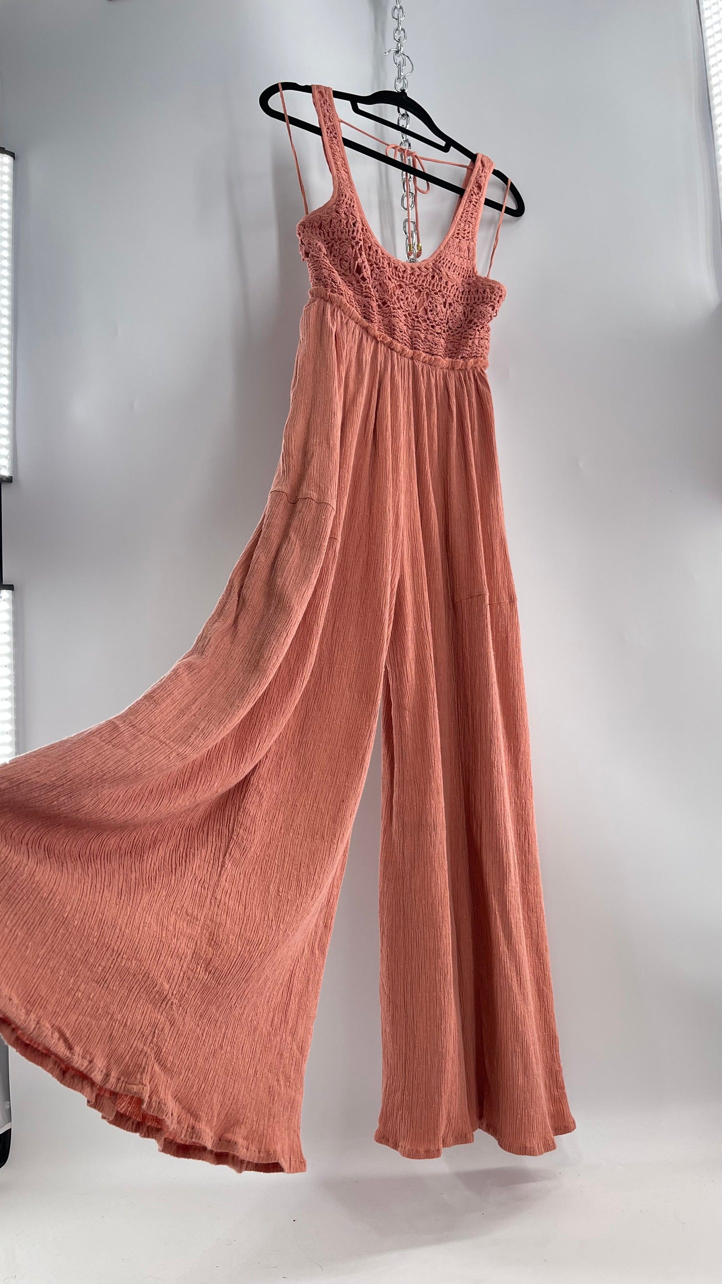 Free People Rose/Peach Pink Wide Leg Jumpsuit with Crochet Bust and Tags Attached (XS)