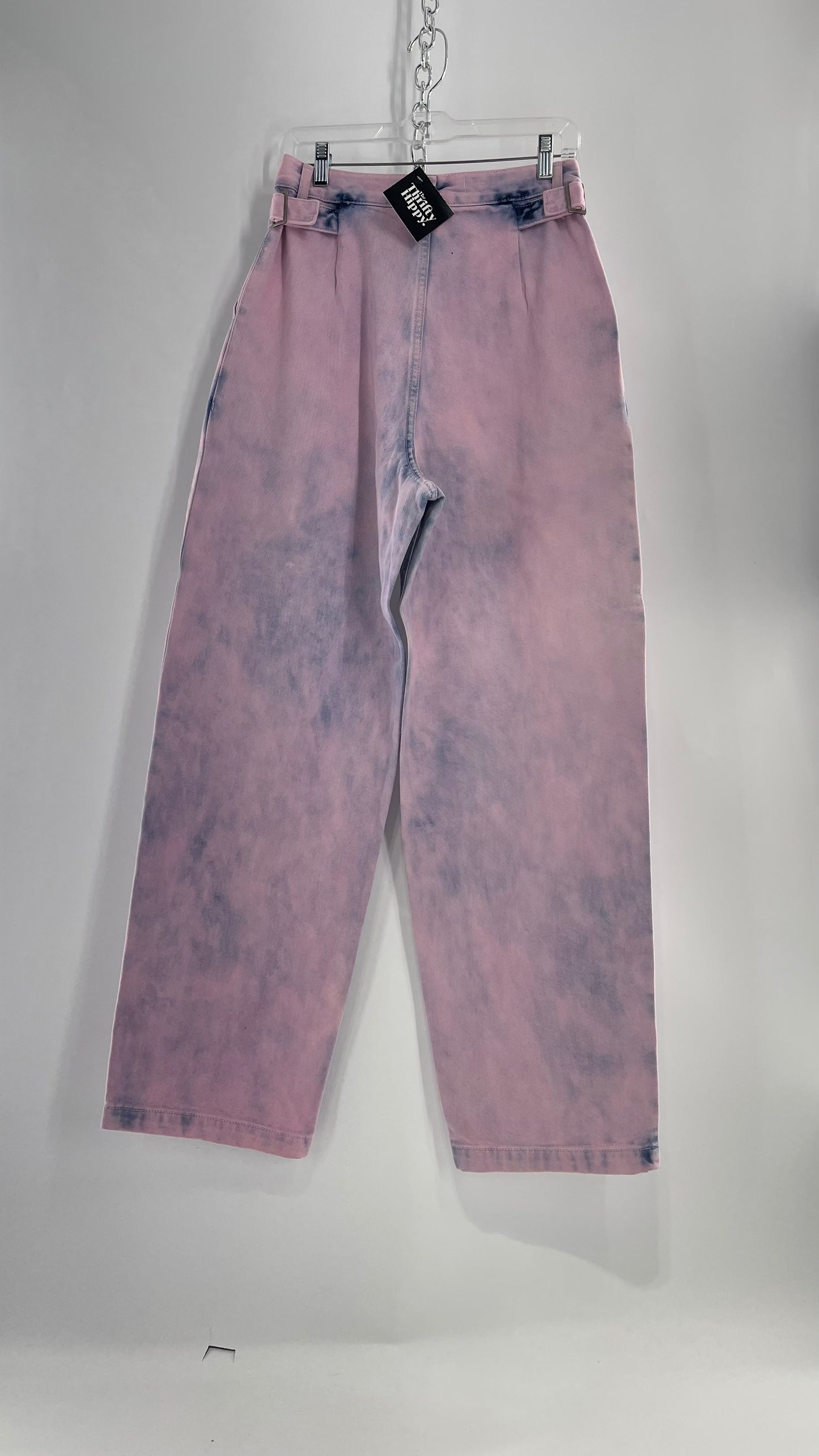 The Open Product Pink/Blue Acid Wash Jeans with Waist Pulls and Pleats (1)