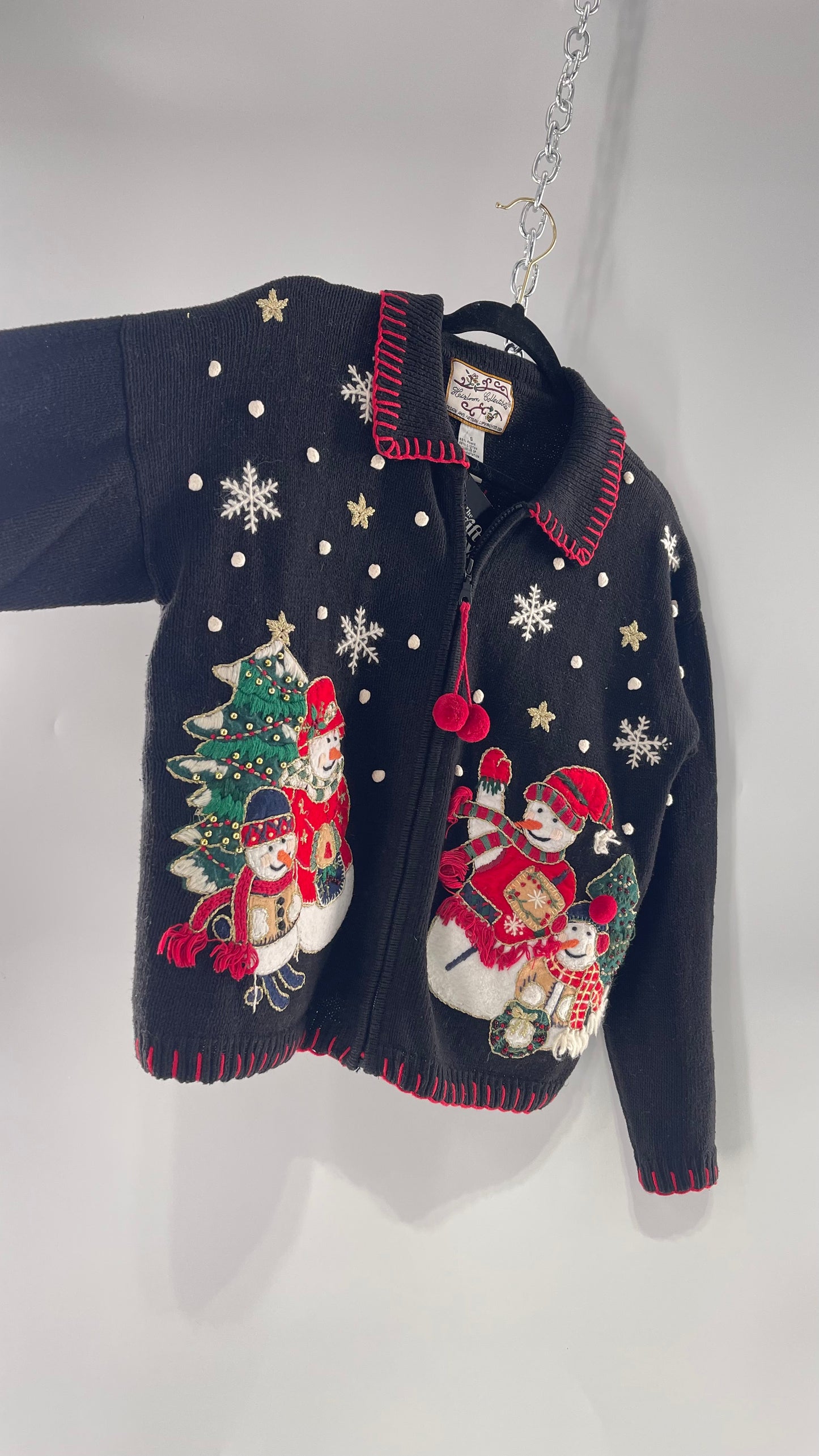 Vintage Reworked Urban Outfitters Heirloom Christmas Cardigan with Festive Snowmen Embroidery, Snowflakes, Christmas Tree and PomPom Zipper Detail (S)