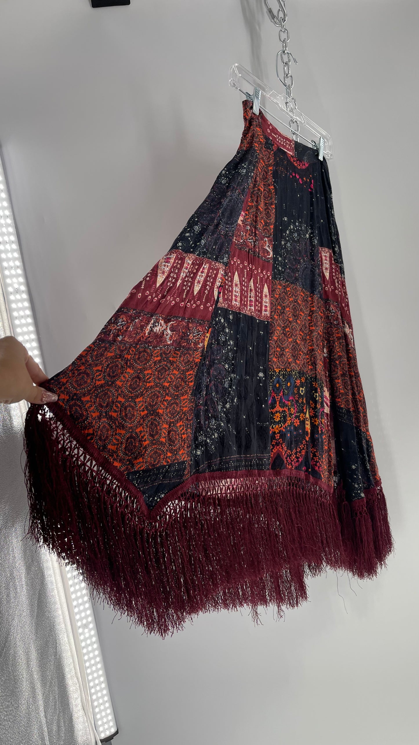Free People Burgundy Satin Patchwork Patterned Fringe Full Length Skirt with Embossed Symbols and Side Slit Tags Attached (0)