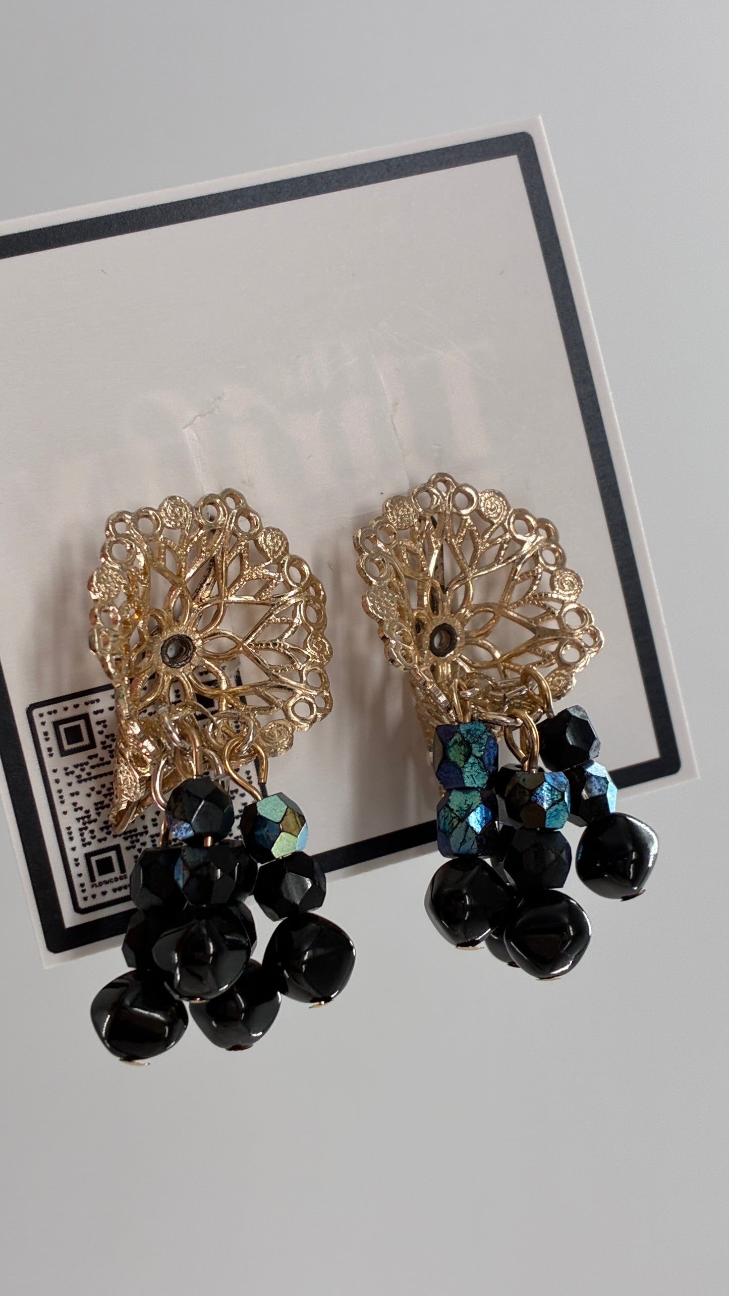 Vintage Gold Webbed Earring with Iridescent Beaded Tassels