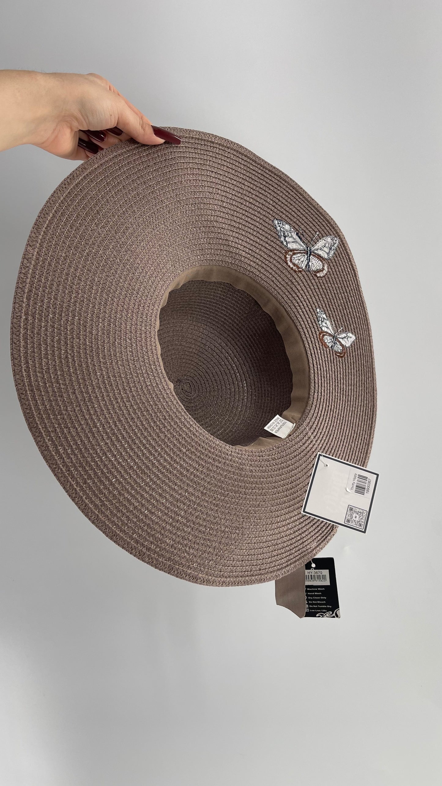 Deadstock Vintage Tan Brown Sun Hat with Bow, Embroidered Butterflies, and Tags Attached