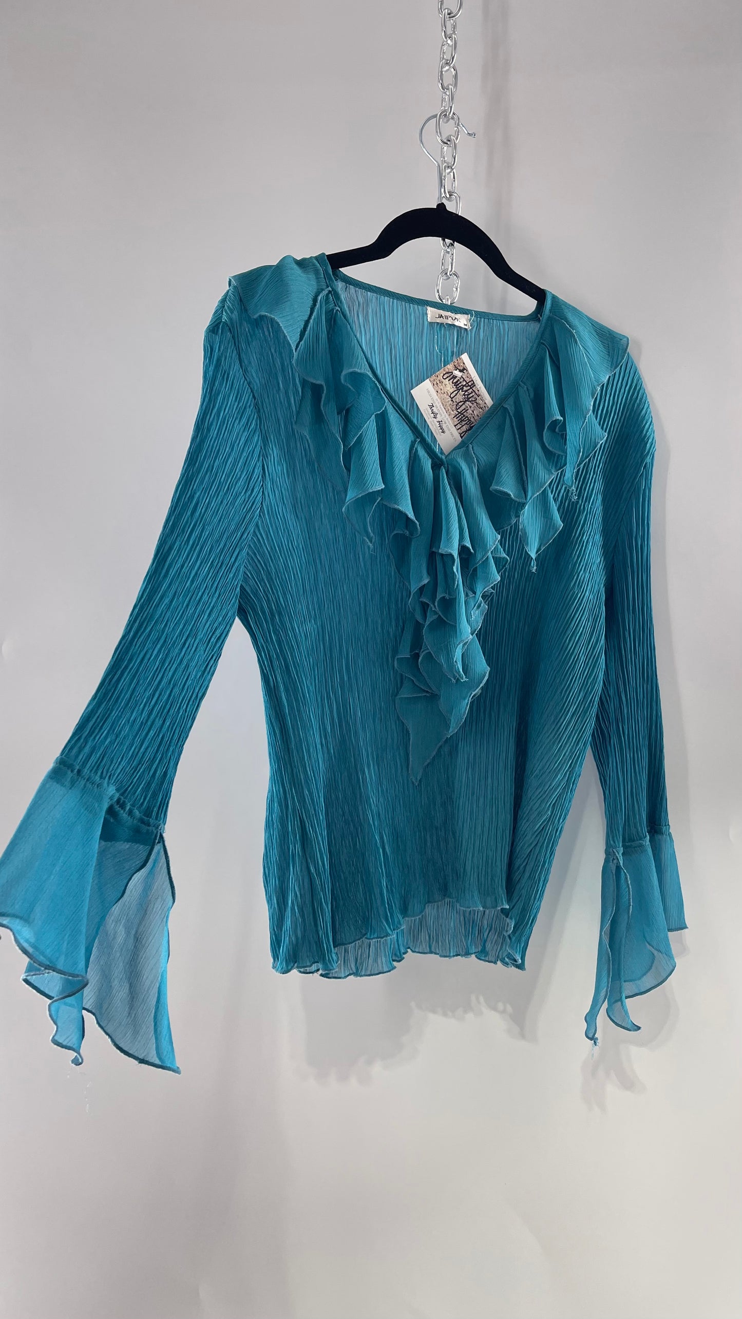 Vintage Jaipur Blue Crimped Blouse with Sheer Handkerchief Cuffs and Ruffled Neckline (Medium)