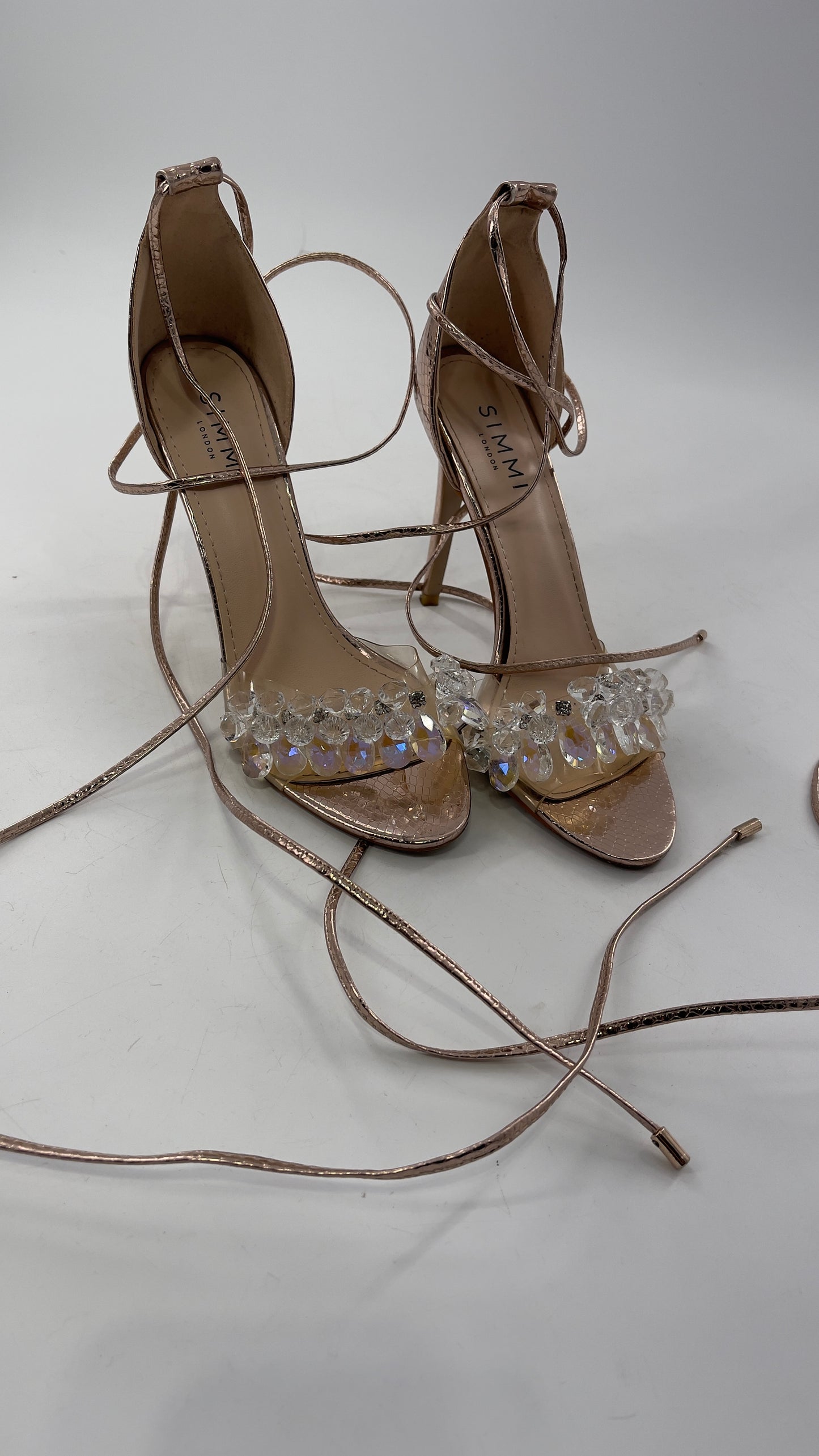 SIMMI LONDON Rose Gold Textured Heels with Clear Toe Strap Covered in Rhinestones/ Crystal Pendants and Tie Up Ankle Straps (7)