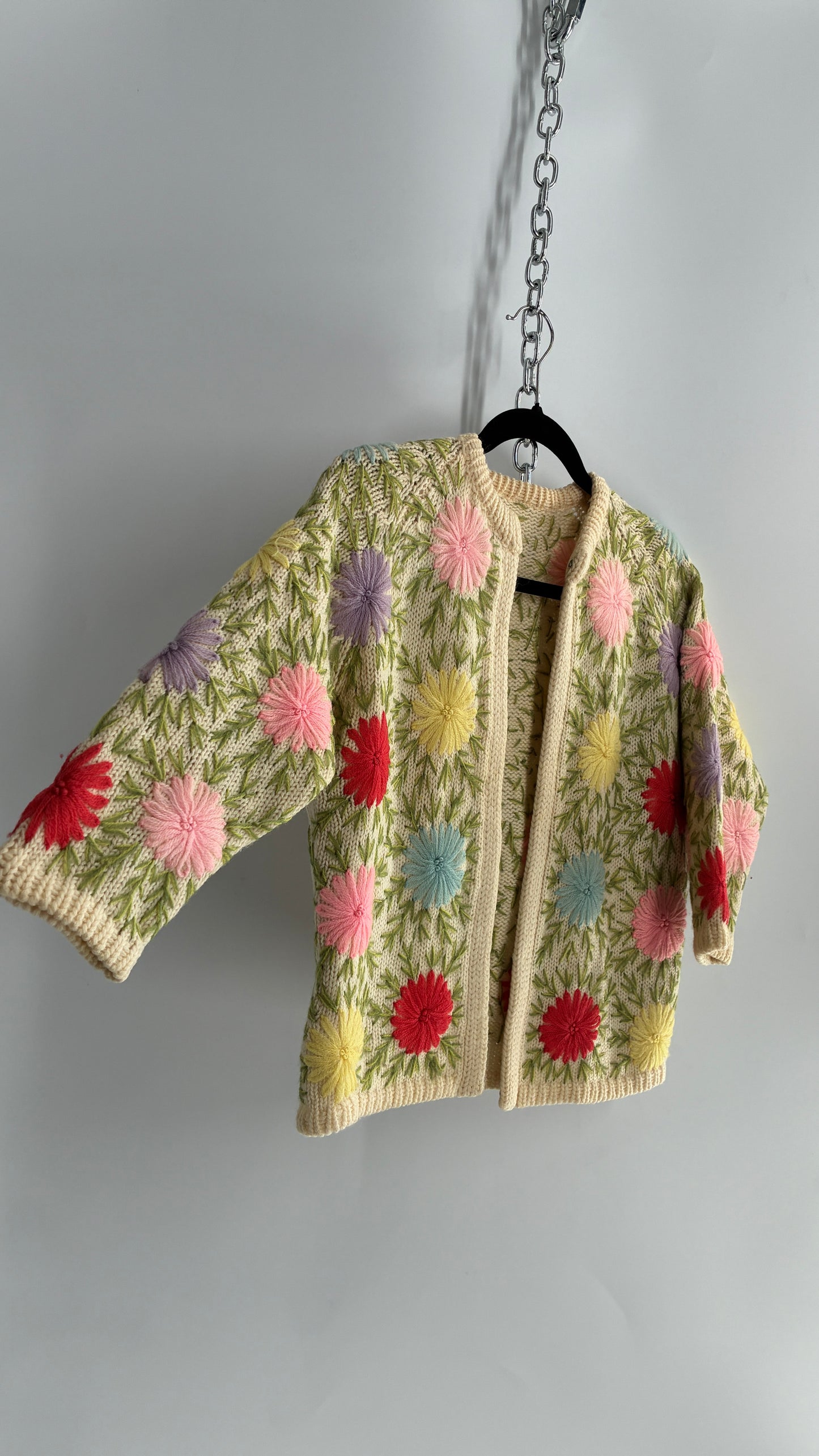 Vintage Hand Knit Beige Cardigan with Colorful Flowers (Small)