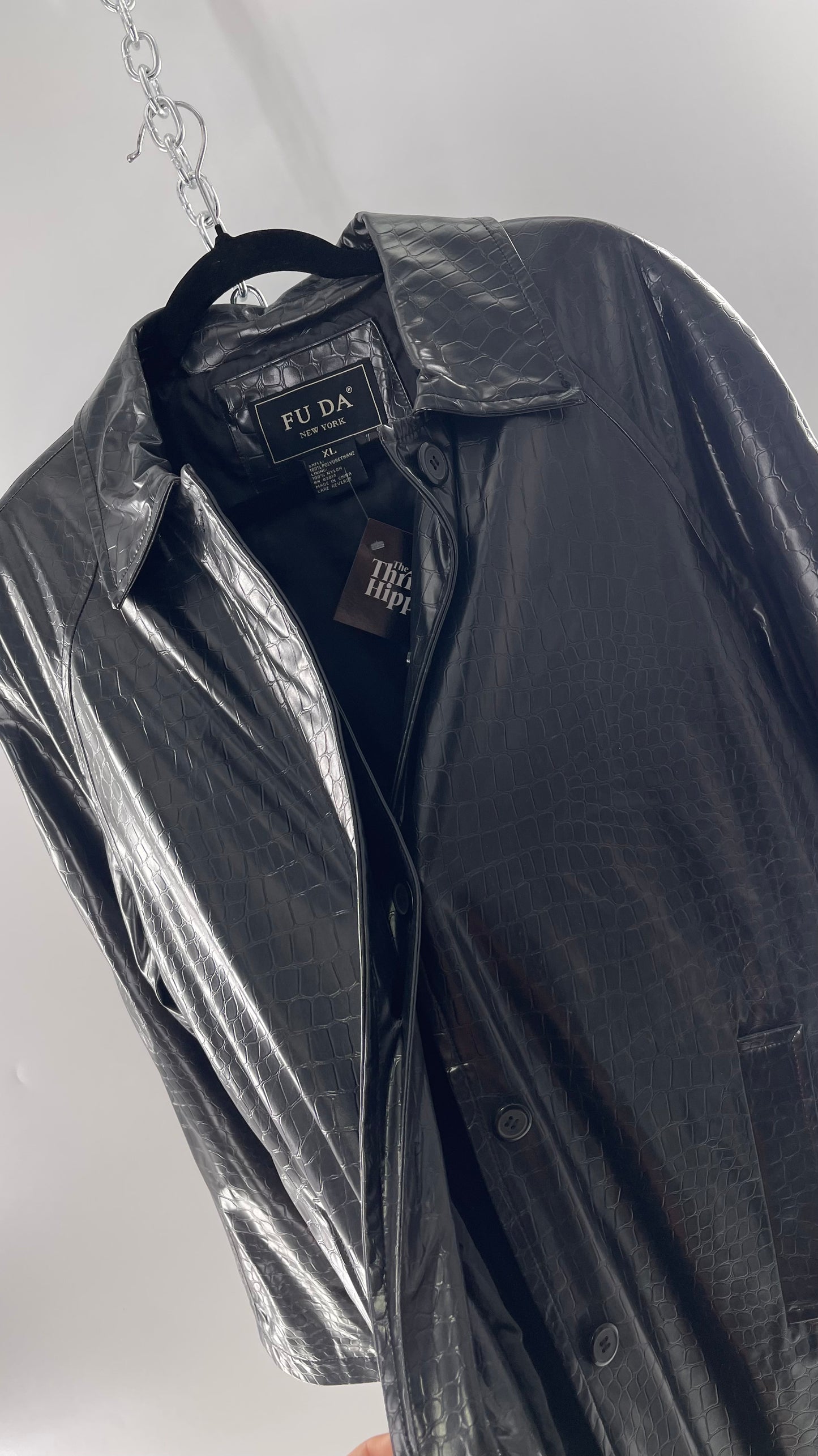 FU DA NEW YORK Black Crocodile Embossed Coat (C) (XL)
