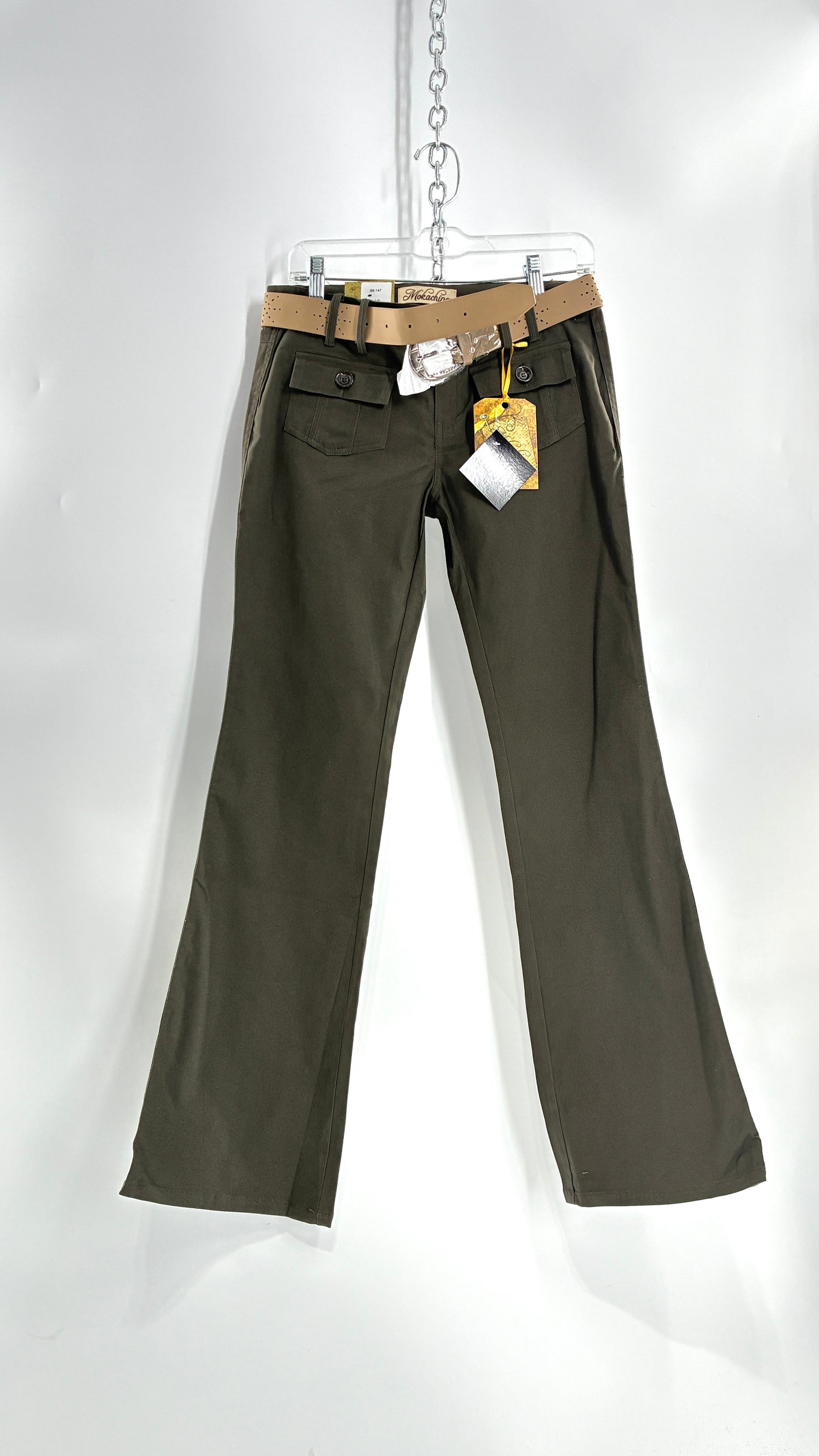 Deadstock Vintage MOKACHINO Olive Green Low Rise Kickflares with Hip/Bum Pockets and Built in Belt (7)