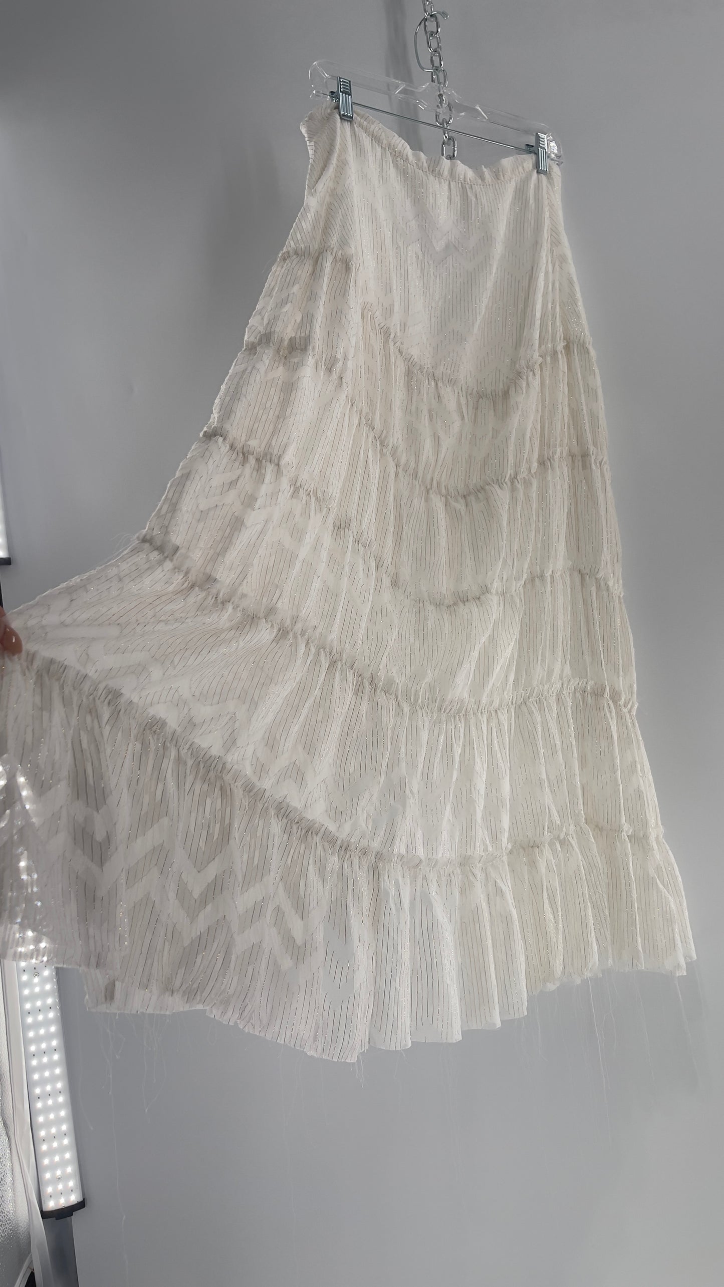 Free People Raw Edge Hem White Gold Tinsel Skirt with Ruffle Side Slit (Small)