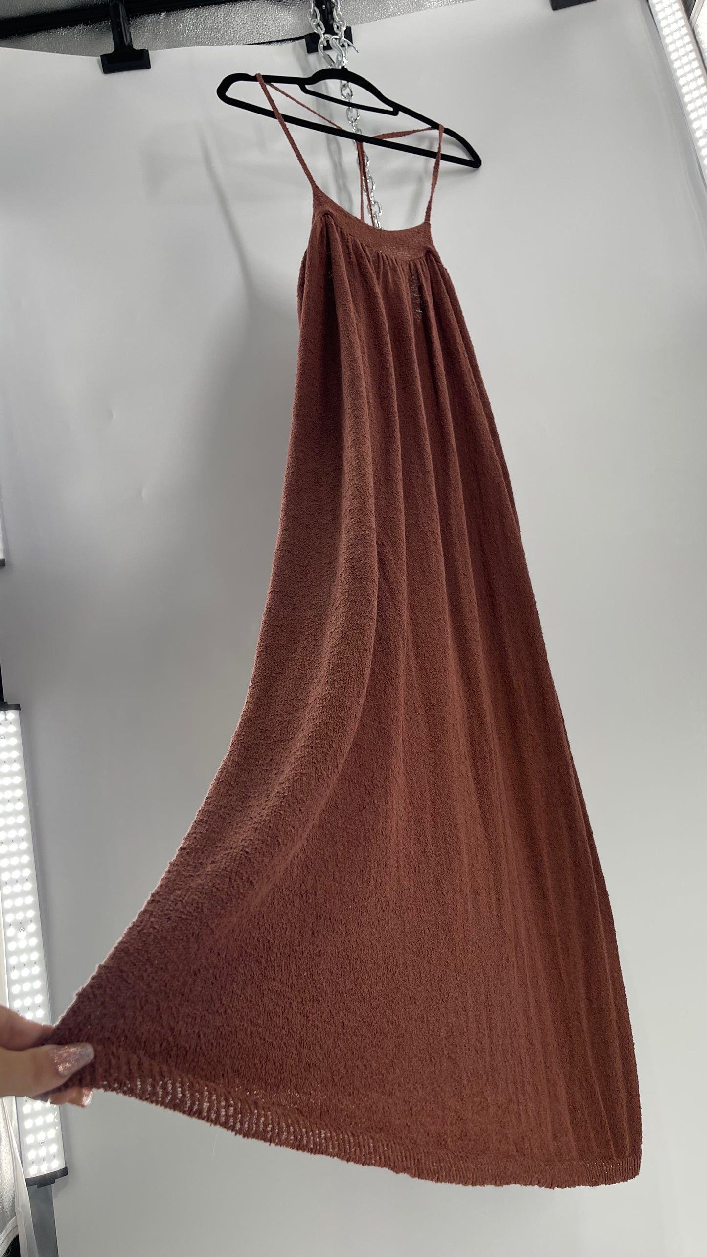 Free People Slinky Textured Brown Knit Full Length Dress (Small)