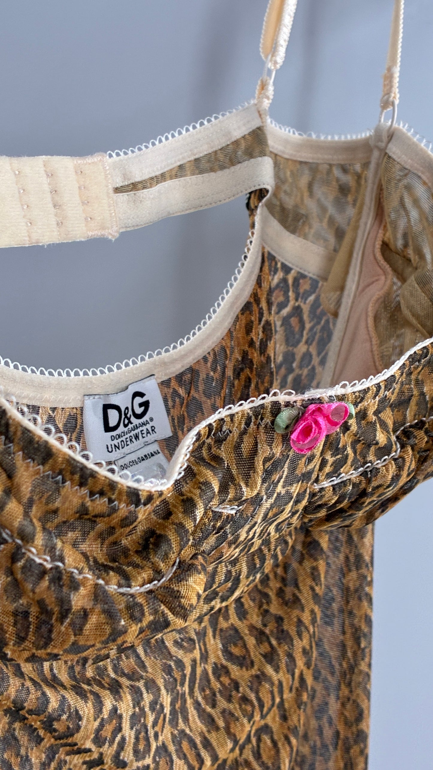 Vintage 1990s Dolce & Gabanna Cheetah Mesh Babydoll Camisole with Underwire Ruched Bust, Rosette and Branded Appliqué Tag (Large)