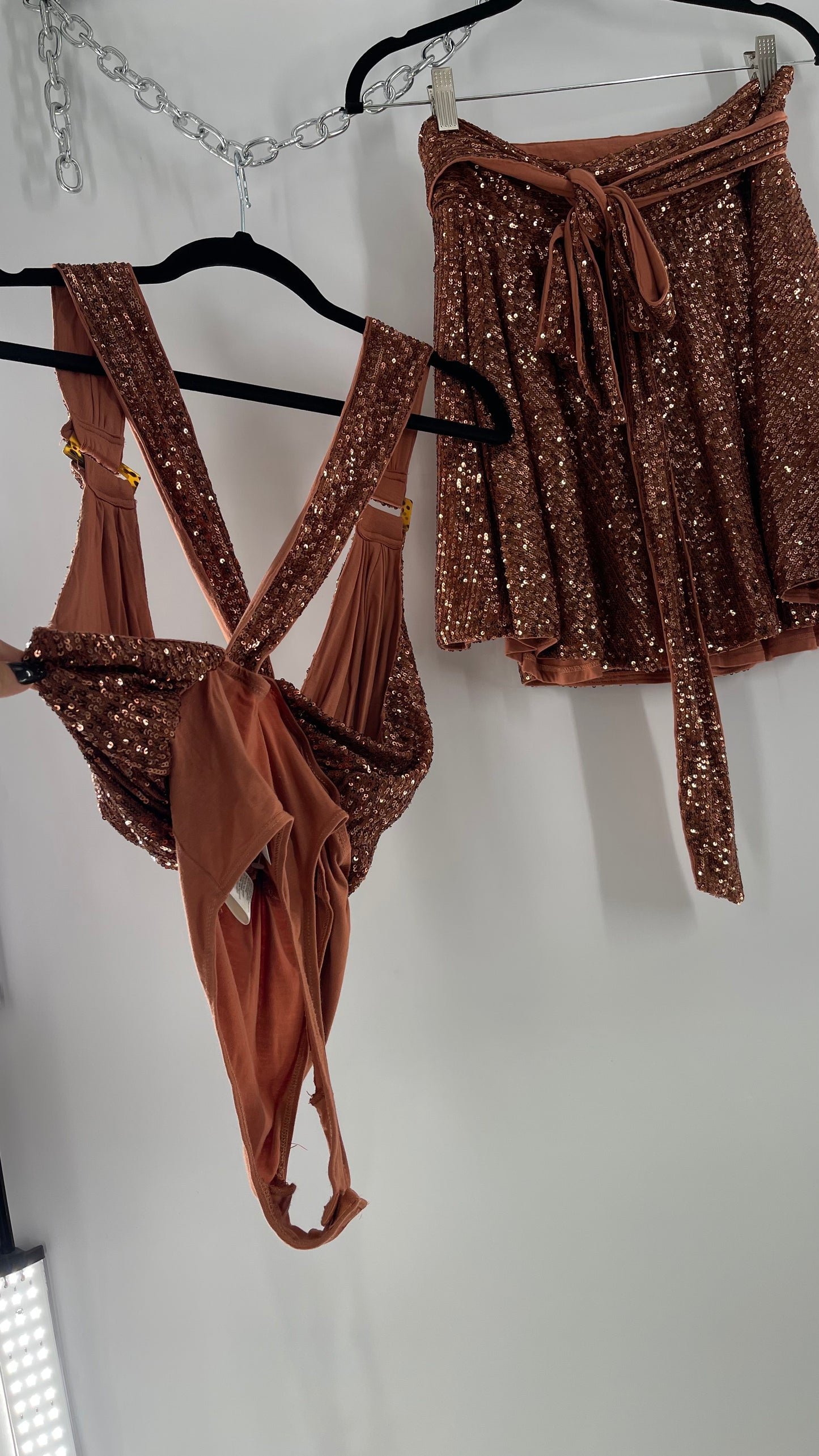 Free People Bronze Sequin 2Piece Set with Wrap Around Skirt and Bodysuit (XS body, S Skirt)