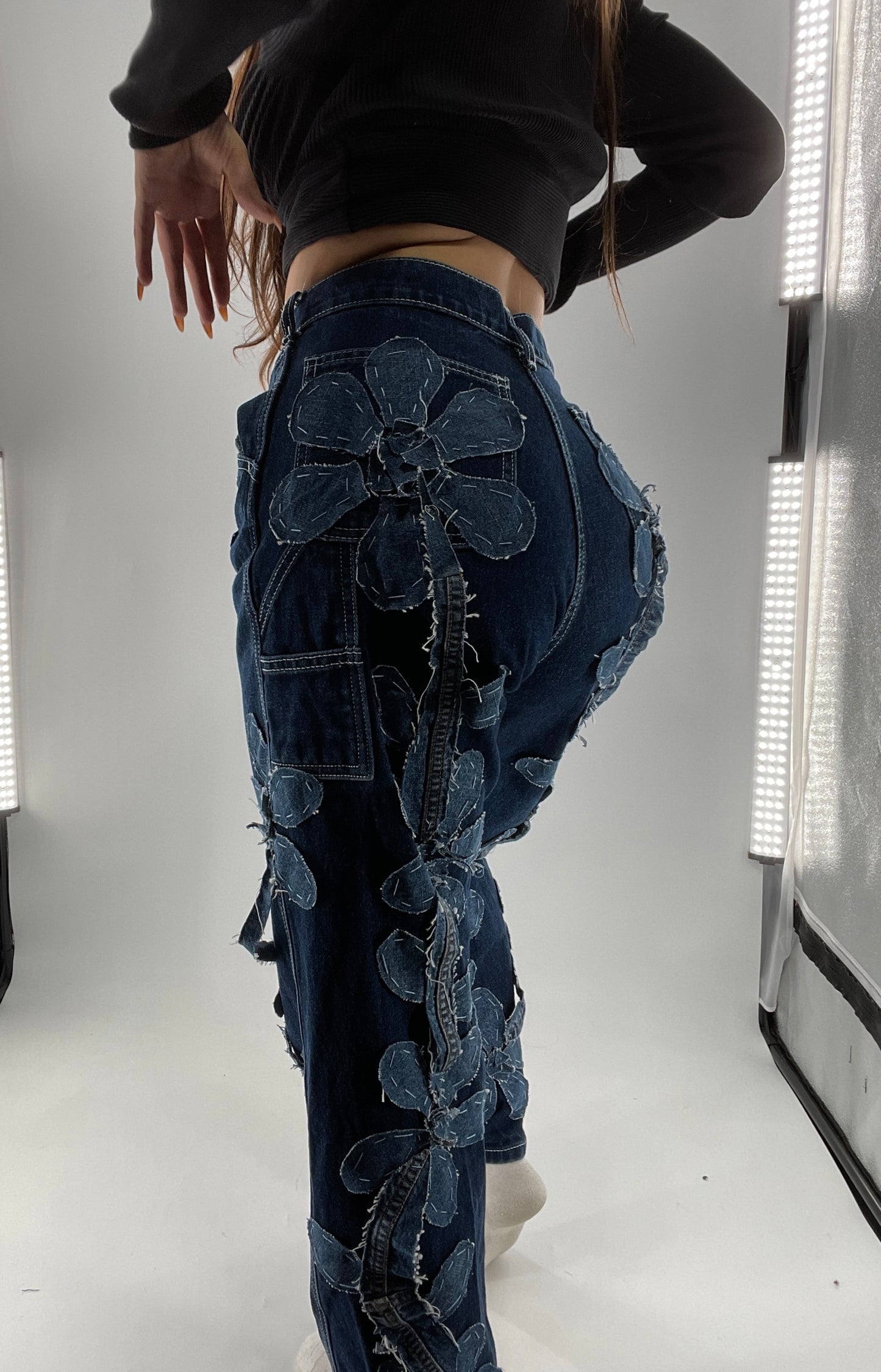 Handmade CUSTOM Dual Denim Tone Floral Vine Cargo Denims (S)