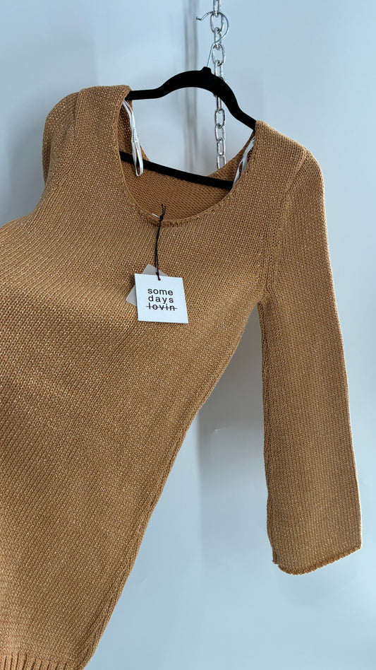 Some Days Lovin Gold Tinsel Knit Bell Sleeve Mini Dress (Small)
