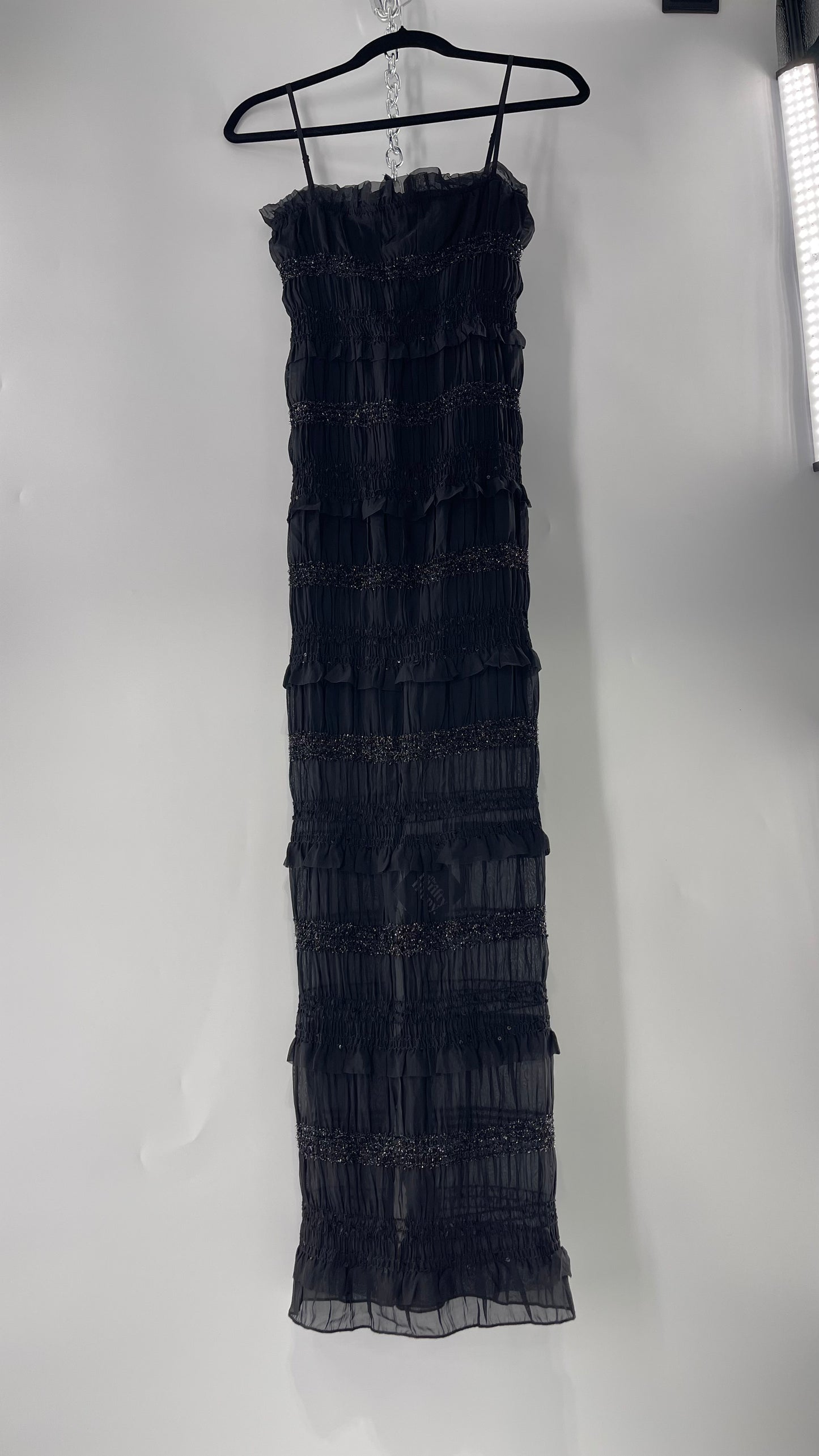 The Commense Black Sheer Crimped Midi Dress with Stripes of Tinsel and Ruffle with Tags Attached (Medium)