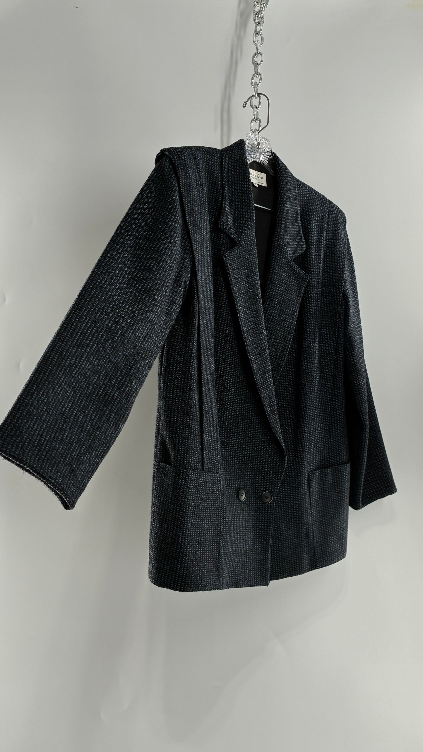 Vintage CHRISTIAN DIOR Navy Woven Maxi Skirt and Oversized Lapel Style Blazer with Padded Shoulders (8)