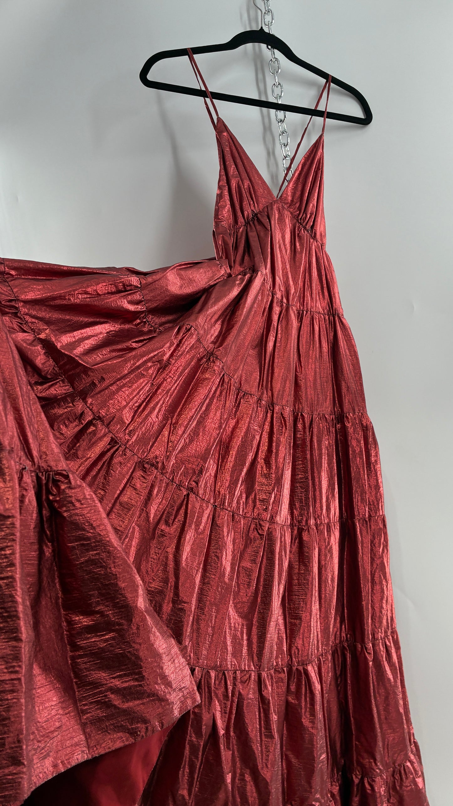 HUTCH Red Metallic Tiered Voluminous Maxi Gown (XS)