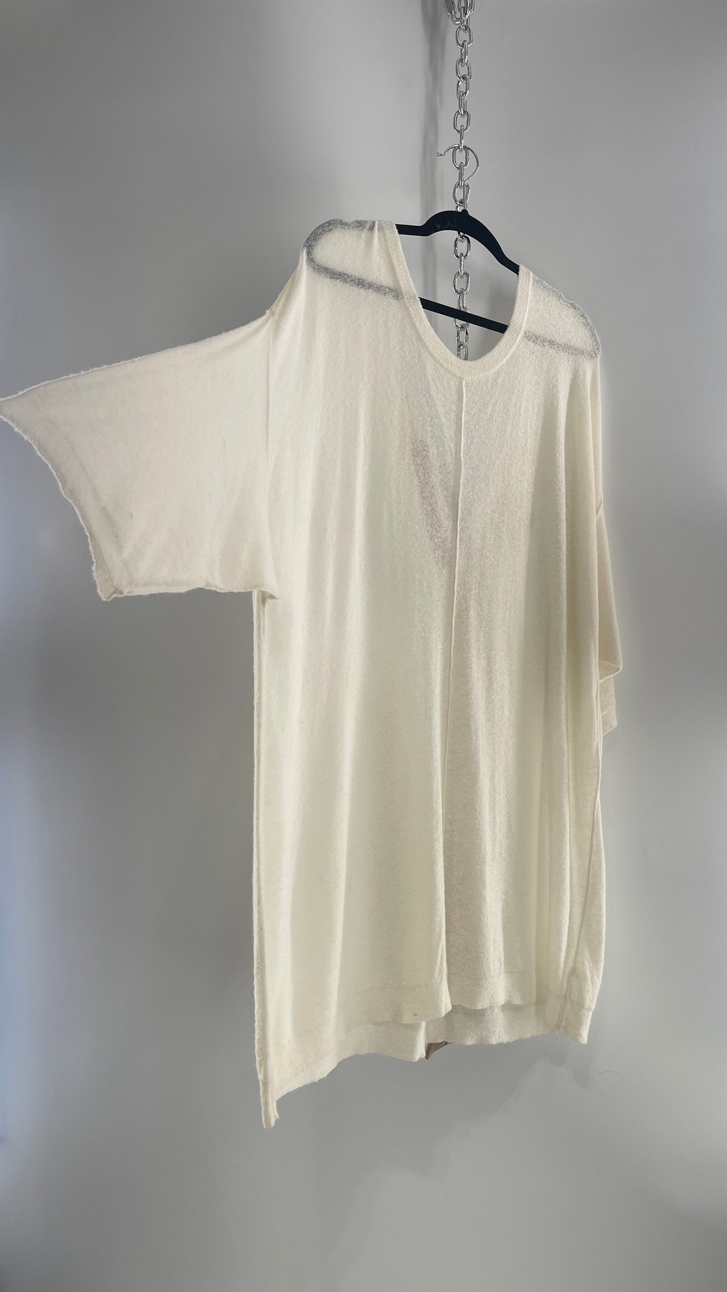 Free People Off White Thin Knit Cozy Sweater Dress with Open Back and Dusty Rose Ribbon (L)