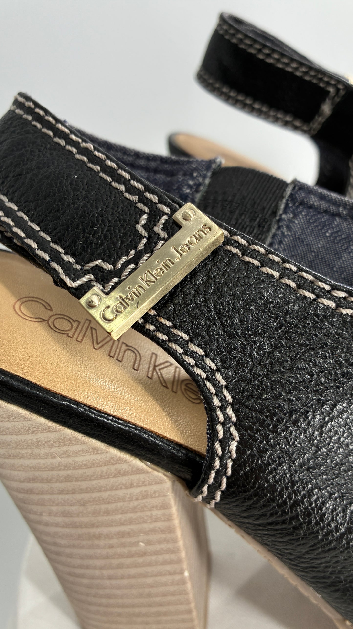 Calvin Klein Peep Toe, Ruched Black Leather Block Heel Slingbacks (7.5)