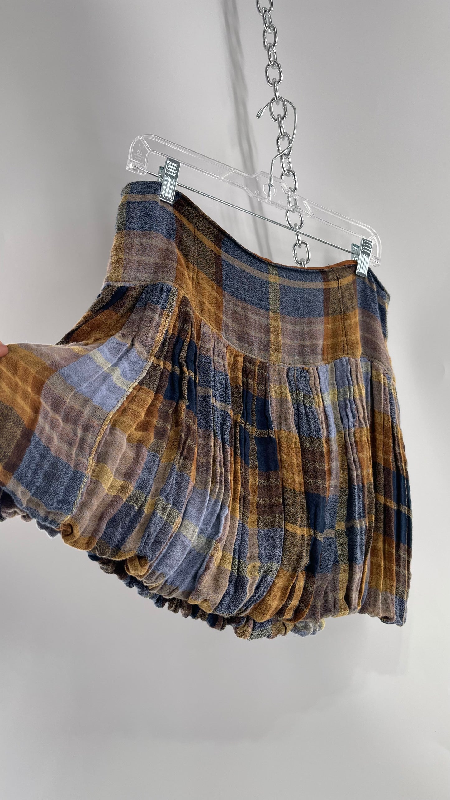 Free People Plaid Blue Brown Mini Skirt with Balloon Hem with Tags Attached (12)