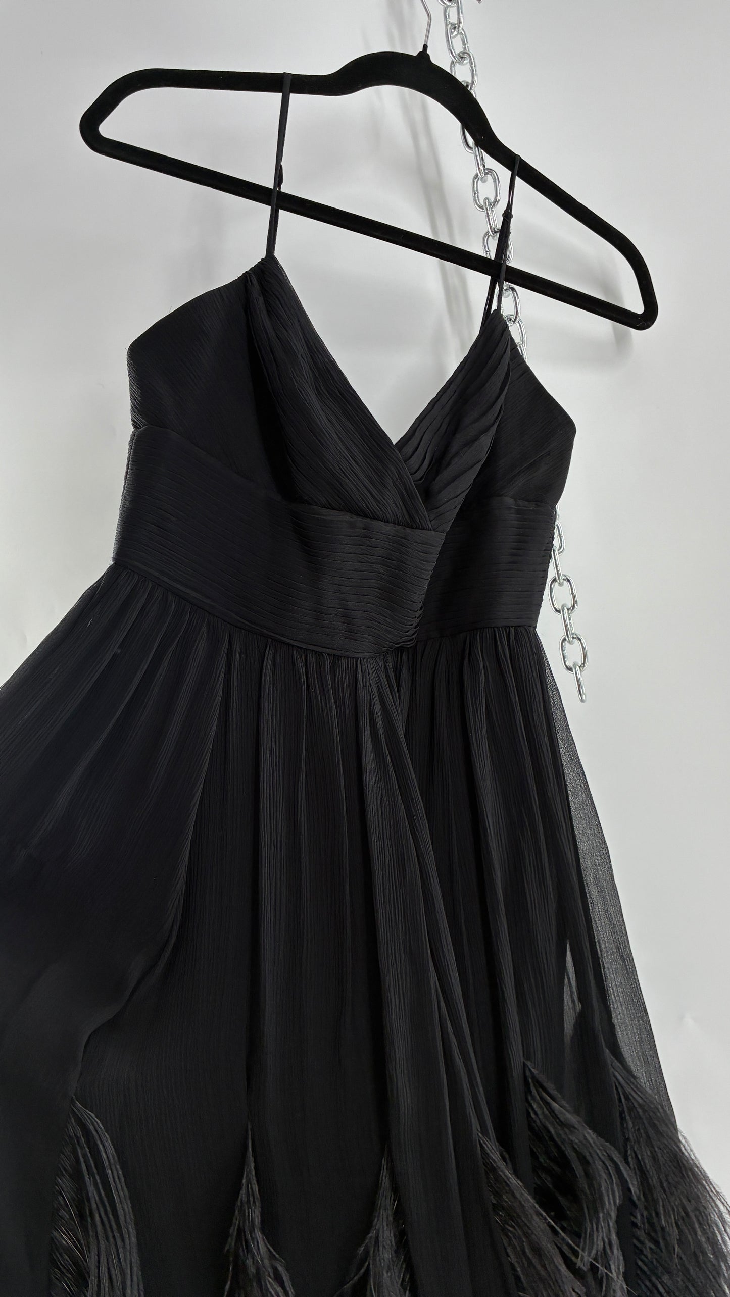 Vintage BCBGMAXAZRIA Crimped Black Dress with Ostrich Feather Details (6)
